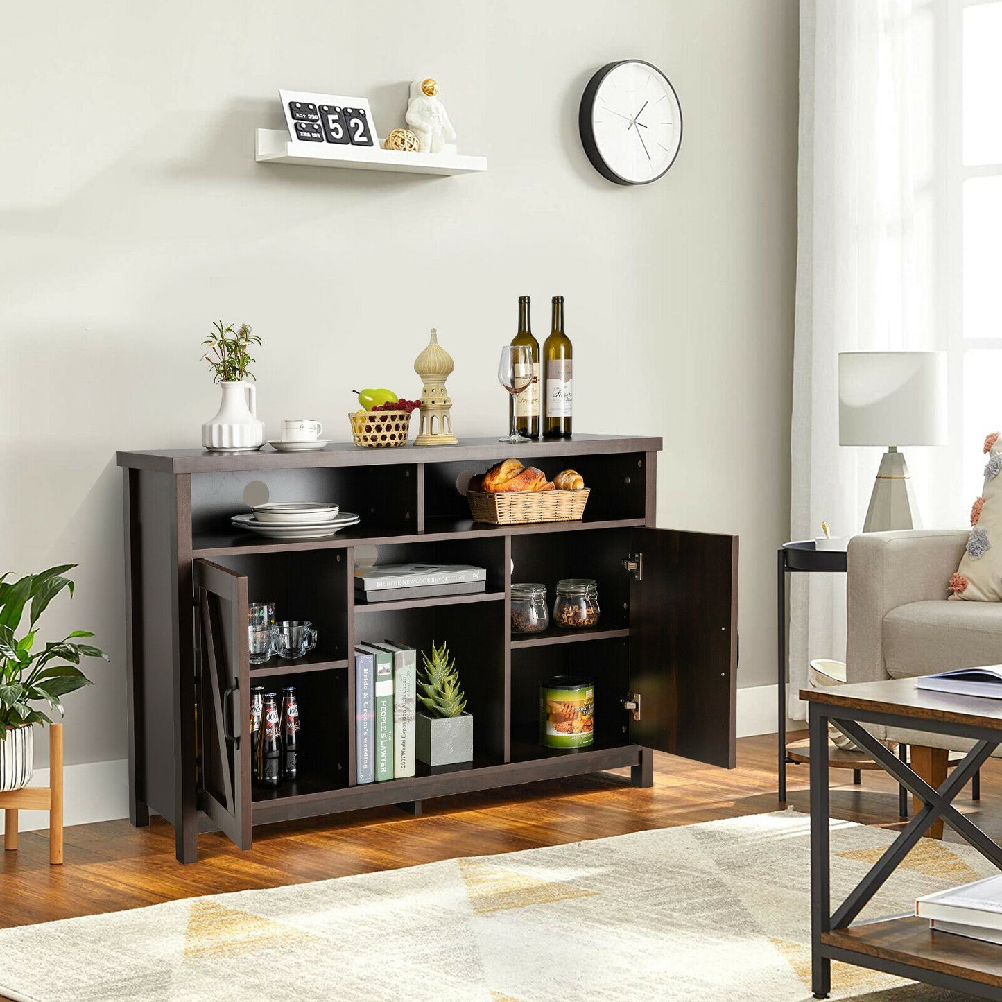 Farmhouse Buffet Cabinet with Removable Wine Rack and Storage Cabinets - Dark Brown
