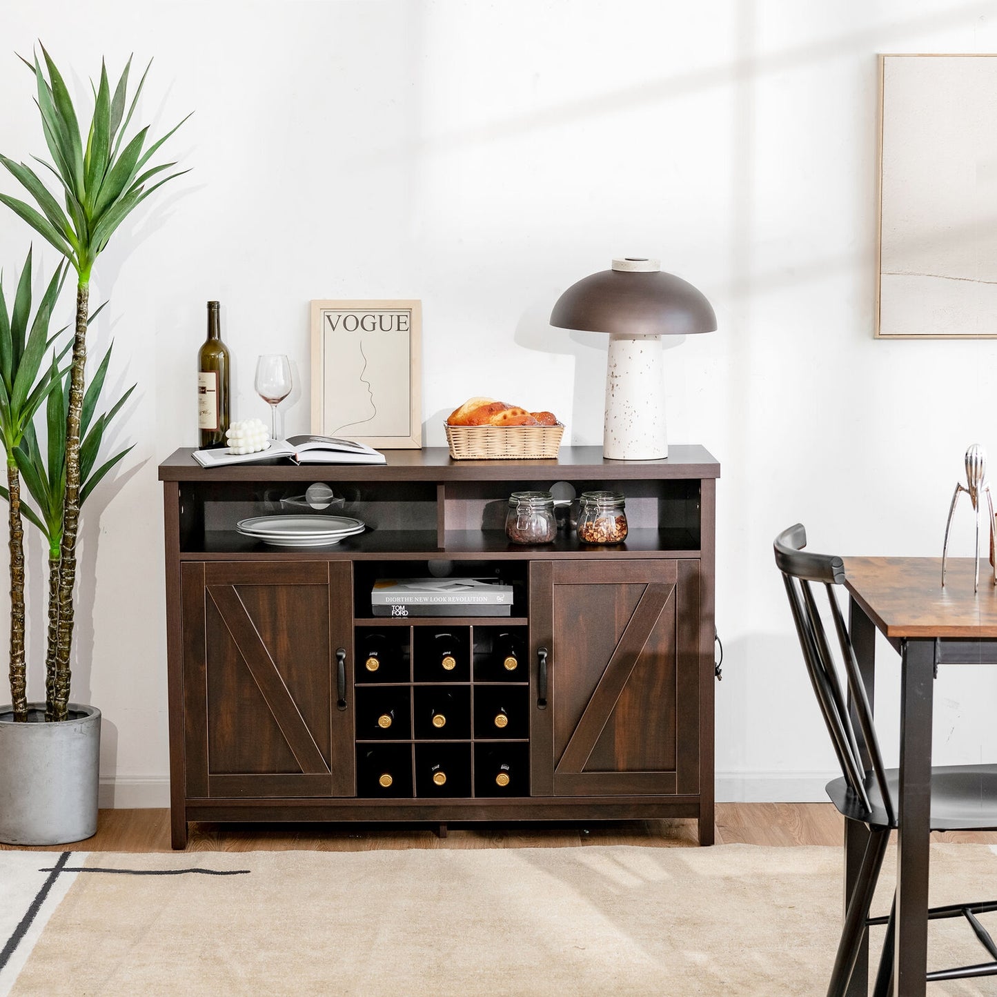 Farmhouse Buffet Cabinet with Removable Wine Rack and Storage Cabinets - Dark Brown