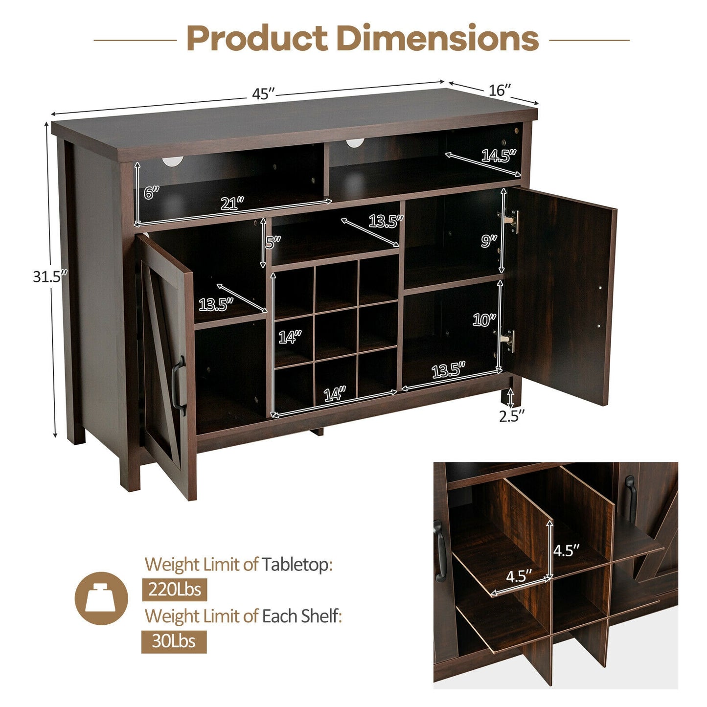 Farmhouse Buffet Cabinet with Removable Wine Rack and Storage Cabinets - Dark Brown