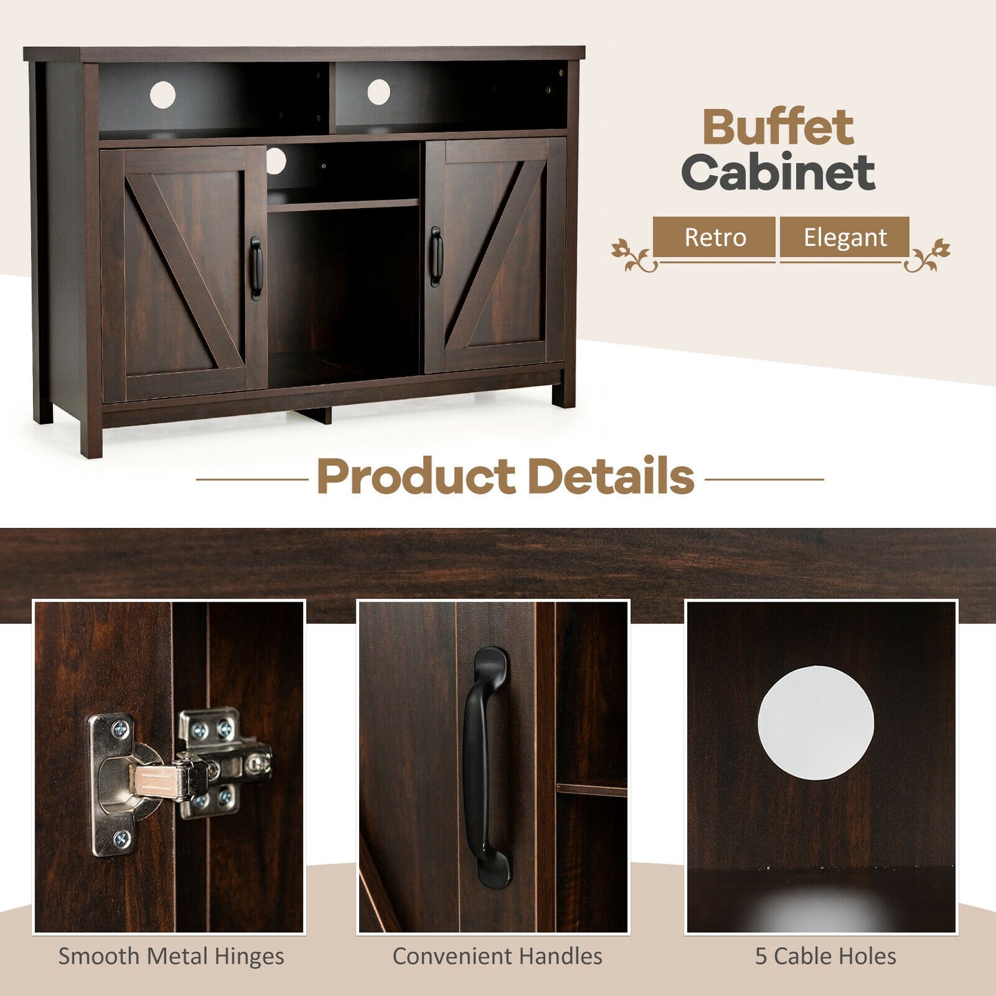 Farmhouse Buffet Cabinet with Removable Wine Rack and Storage Cabinets - Dark Brown