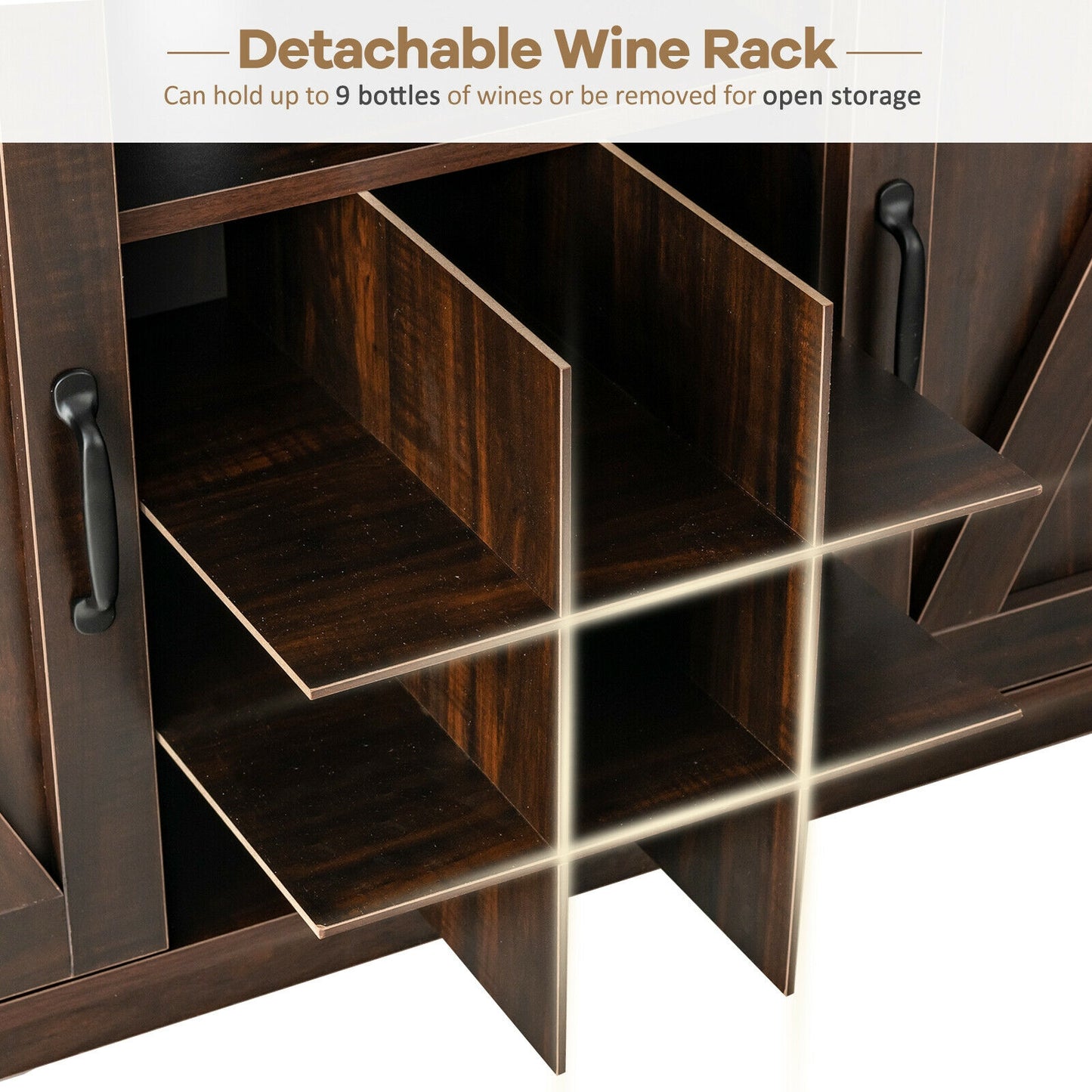 Farmhouse Buffet Cabinet with Removable Wine Rack and Storage Cabinets - Dark Brown