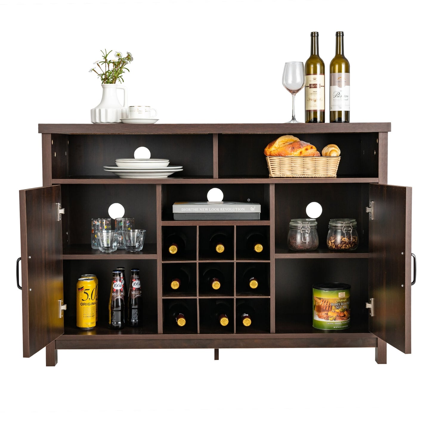 Farmhouse Buffet Cabinet with Removable Wine Rack and Storage Cabinets - Dark Brown