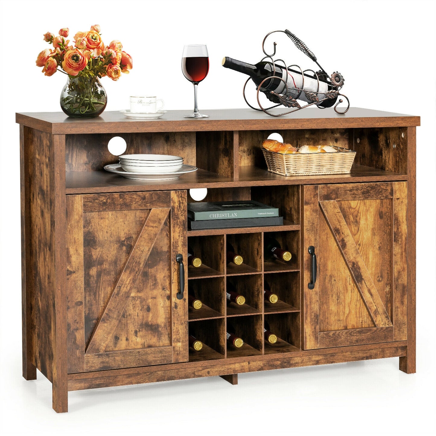 Farmhouse Buffet Cabinet with Removable Wine Rack and Storage Cabinets - Rustic Brown