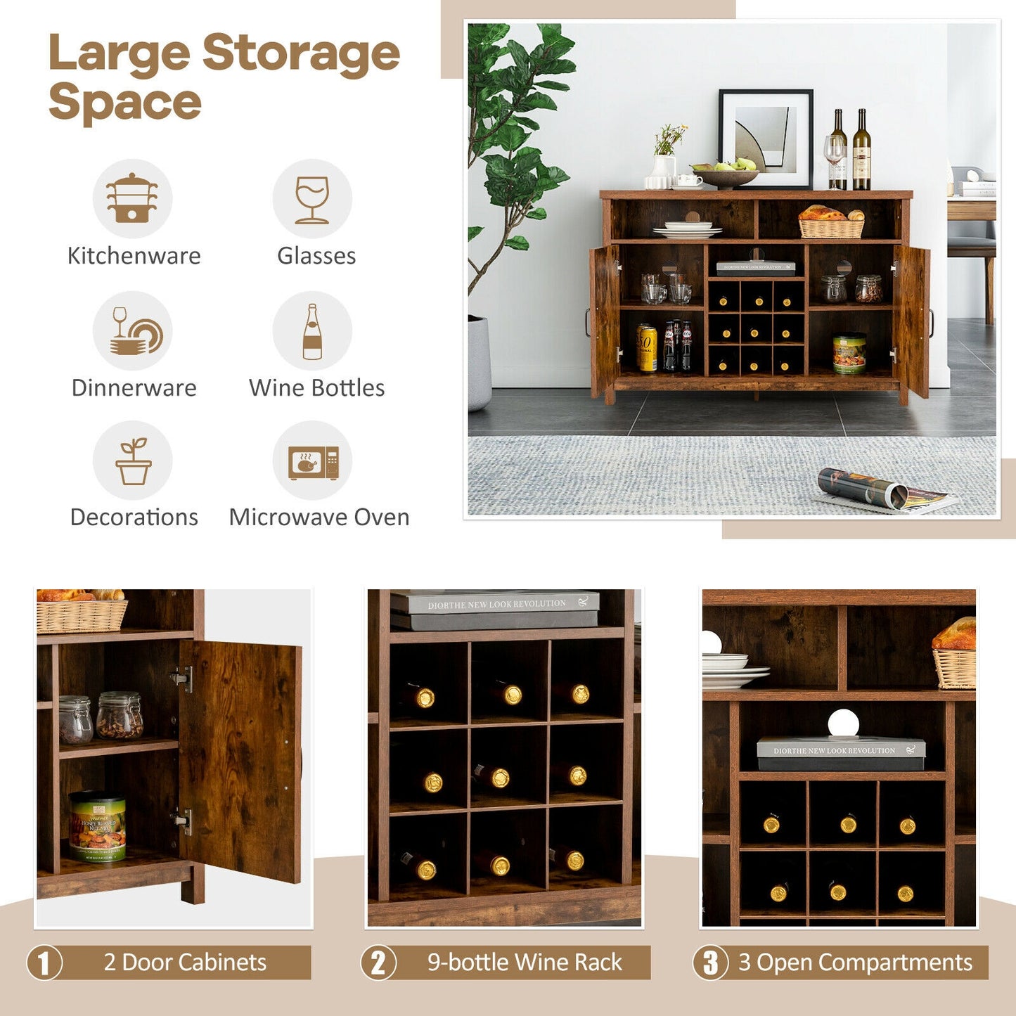 Farmhouse Buffet Cabinet with Removable Wine Rack and Storage Cabinets - Rustic Brown