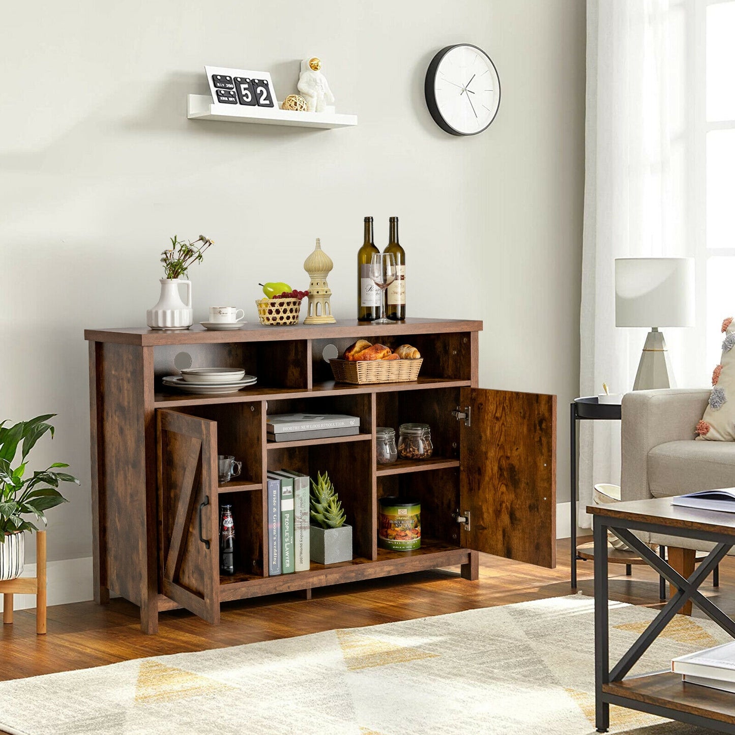 Farmhouse Buffet Cabinet with Removable Wine Rack and Storage Cabinets - Rustic Brown