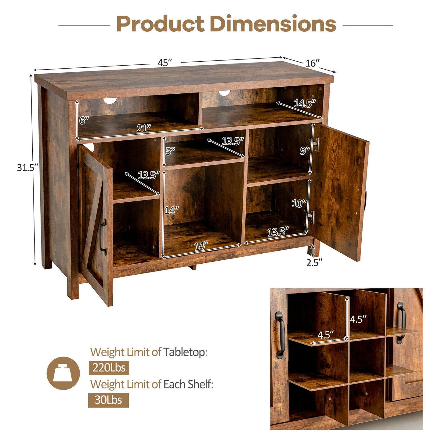 Farmhouse Buffet Cabinet with Removable Wine Rack and Storage Cabinets - Rustic Brown