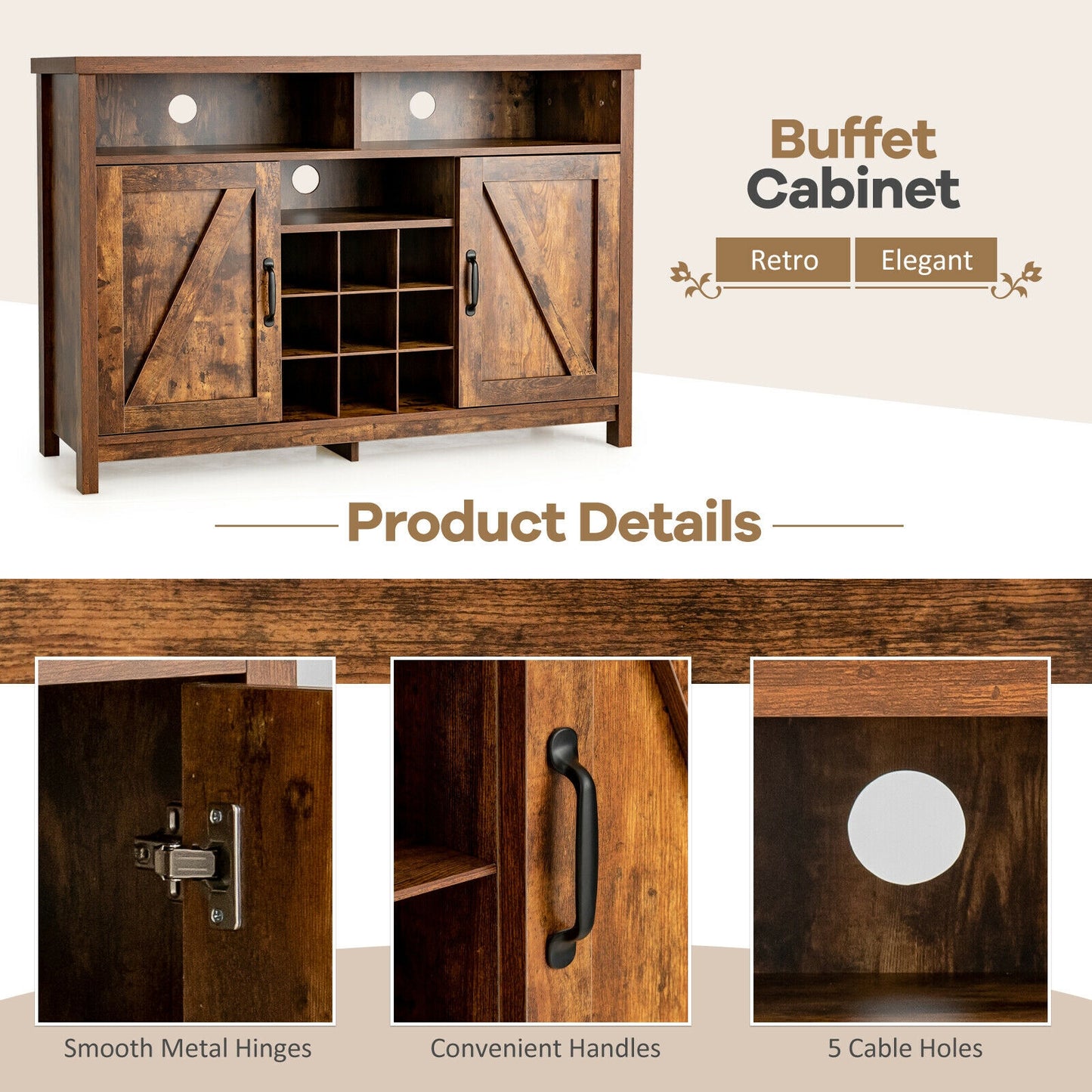 Farmhouse Buffet Cabinet with Removable Wine Rack and Storage Cabinets - Rustic Brown