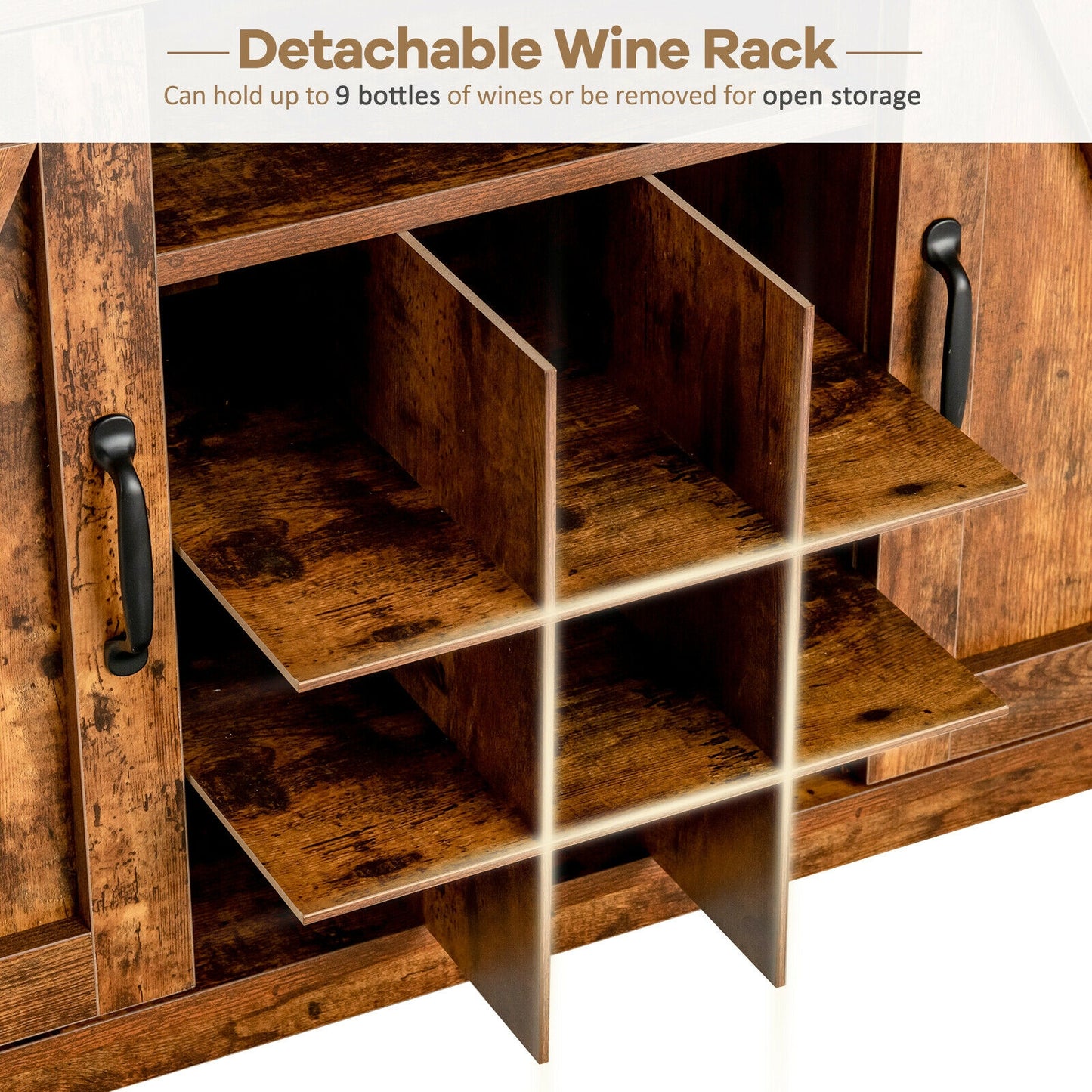 Farmhouse Buffet Cabinet with Removable Wine Rack and Storage Cabinets - Rustic Brown
