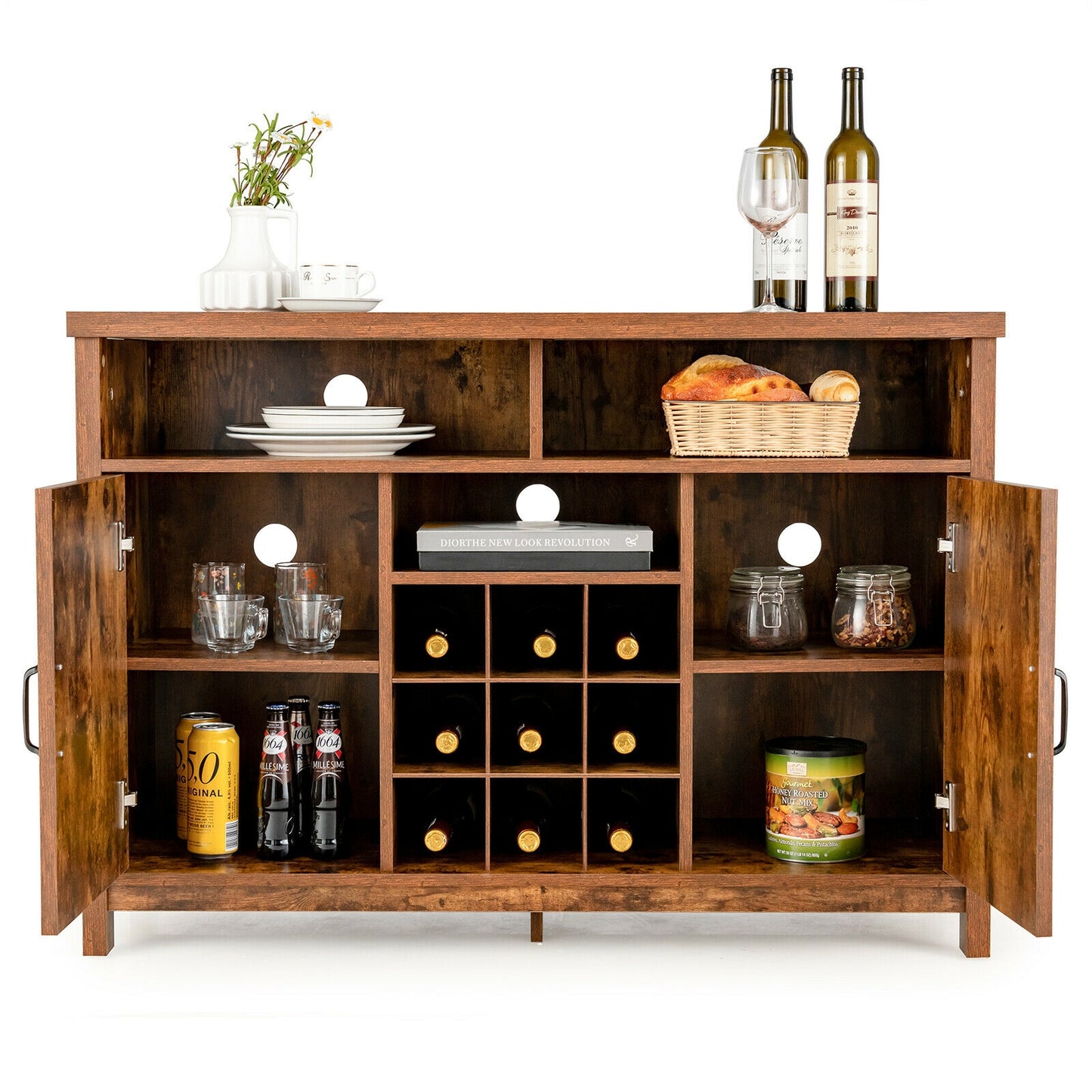 Farmhouse Buffet Cabinet with Removable Wine Rack and Storage Cabinets - Rustic Brown