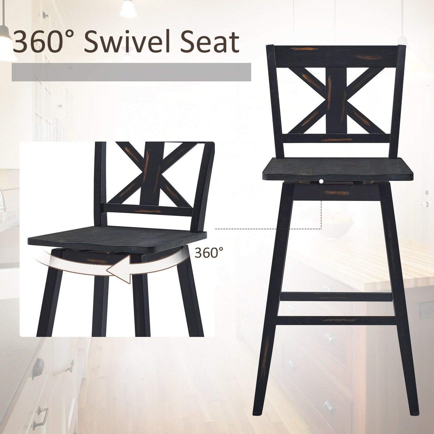 360 Degree Swivel Bar Stools Set of 2 with Backrest in Black for Home or Bistro