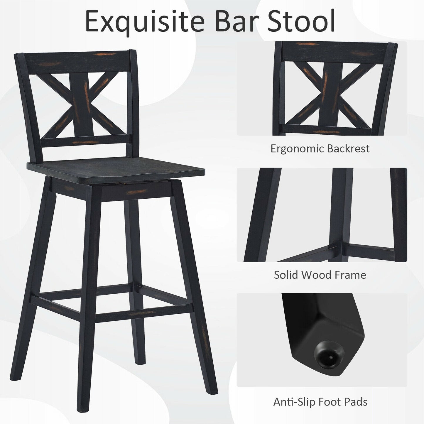 360 Degree Swivel Bar Stools Set of 2 with Backrest in Black for Home or Bistro