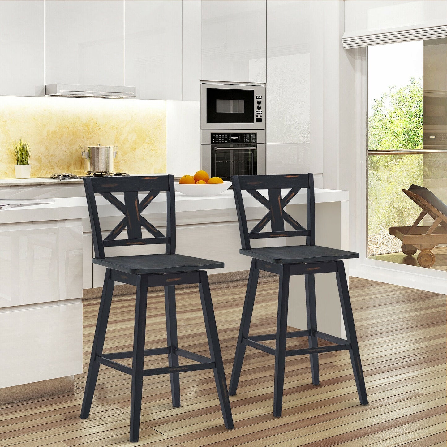 360 Degree Swivel Bar Stools Set of 2 with Backrest in Black for Home or Bistro