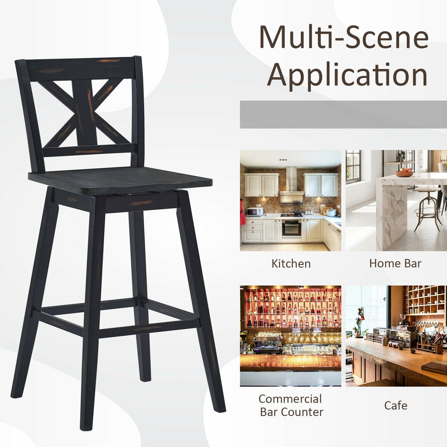 360 Degree Swivel Bar Stools Set of 2 with Backrest in Black for Home or Bistro