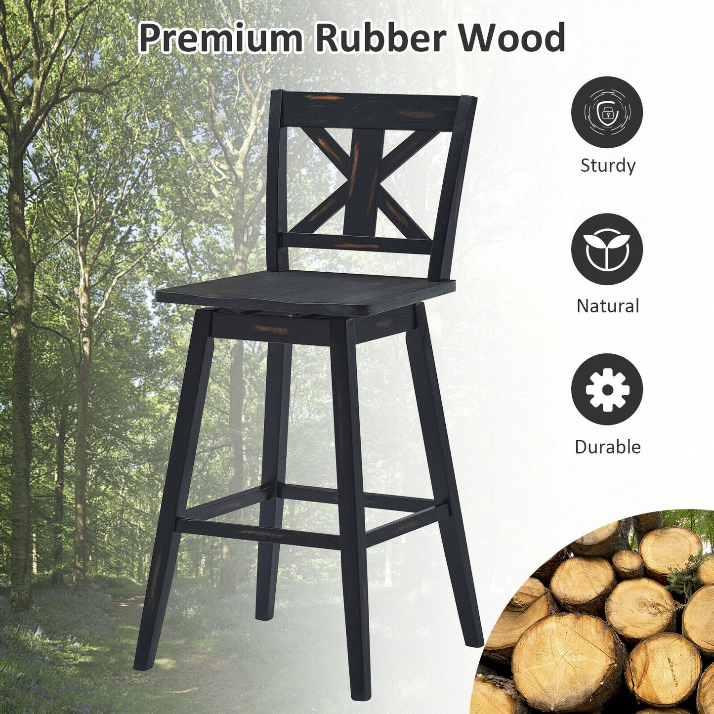 360 Degree Swivel Bar Stools Set of 2 with Backrest in Black for Home or Bistro