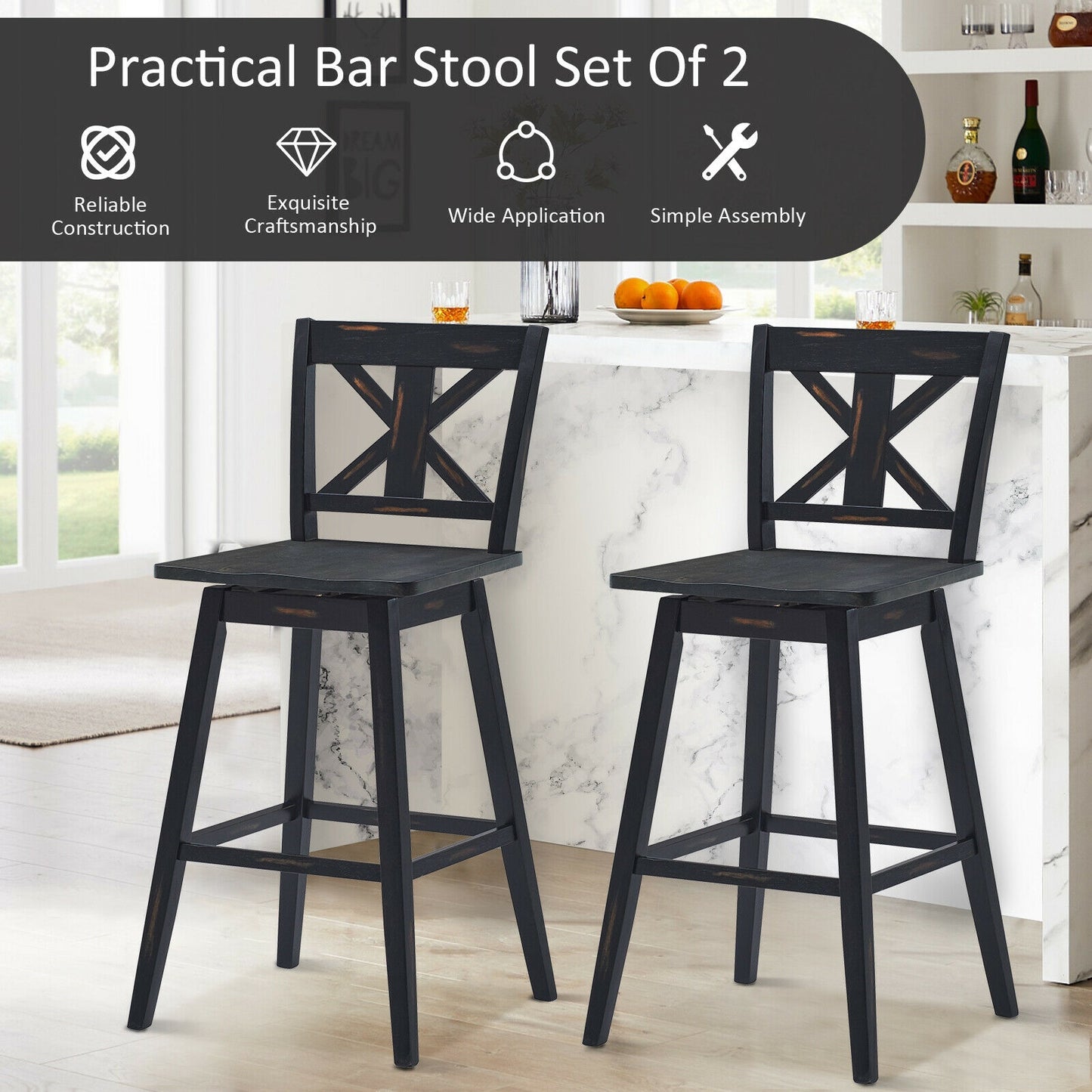 360 Degree Swivel Bar Stools Set of 2 with Backrest in Black for Home or Bistro