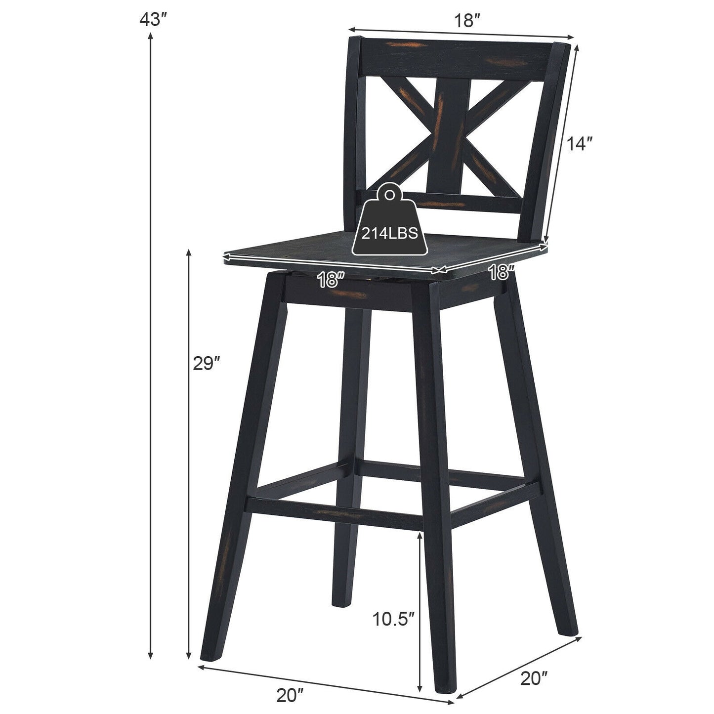 360 Degree Swivel Bar Stools Set of 2 with Backrest in Black for Home or Bistro
