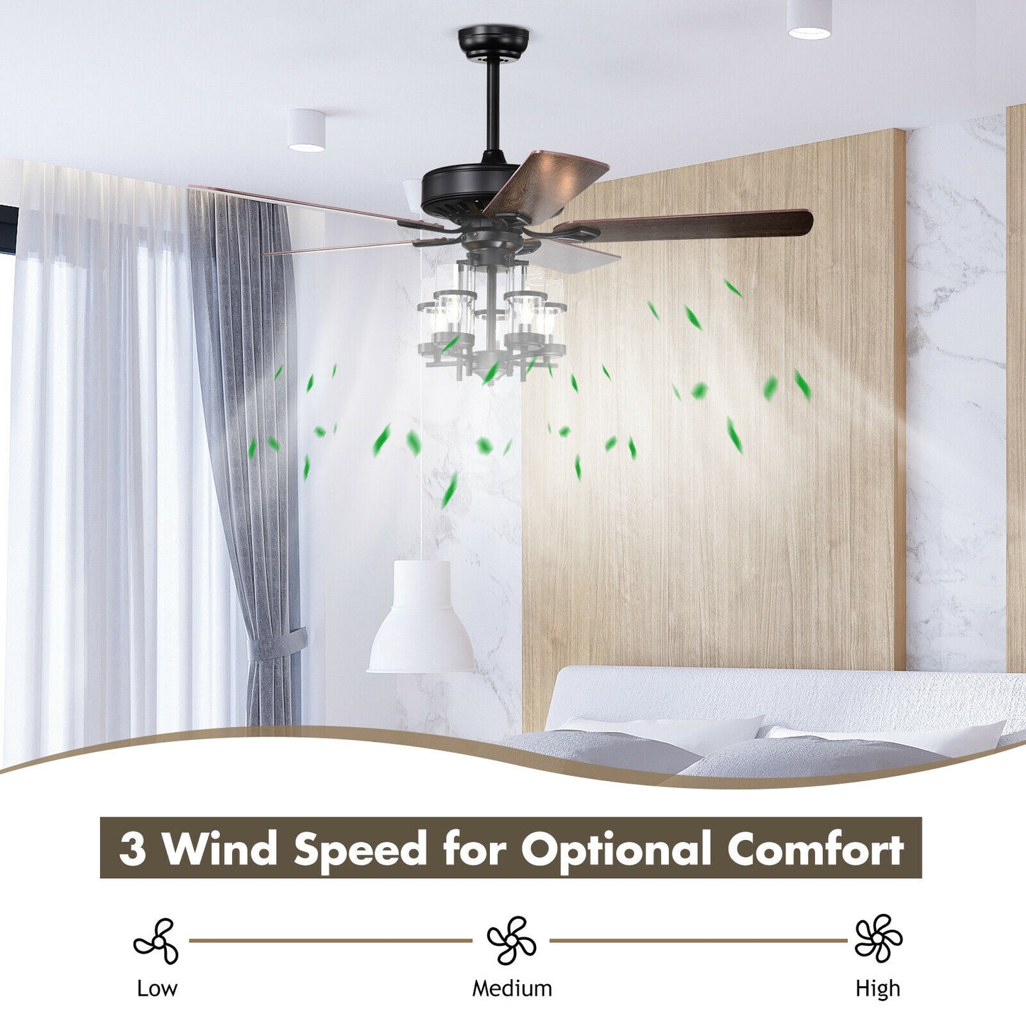 50 Inch Noiseless Ceiling Fan with Explosion-Proof Glass Lampshades & Reversible Blades – Black