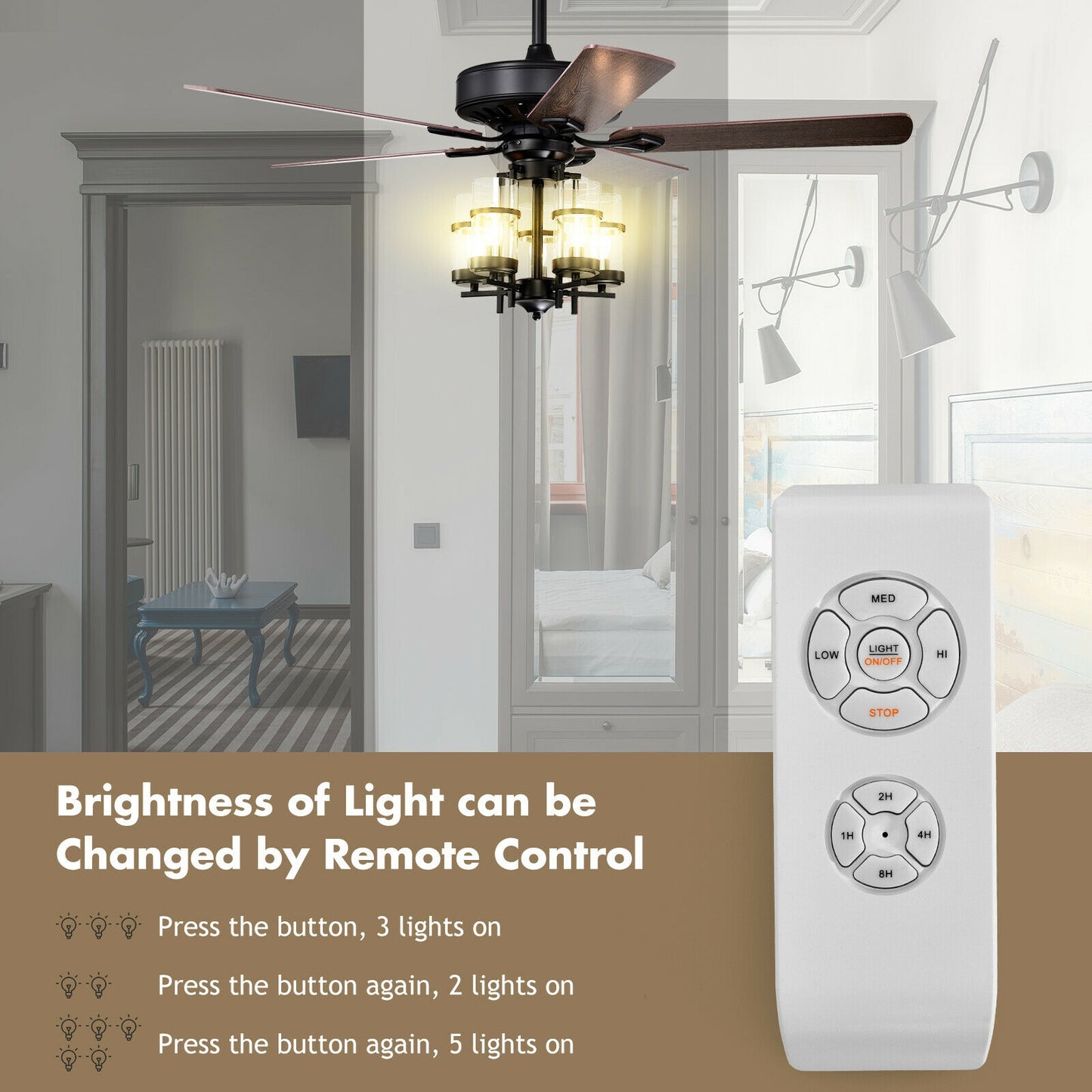 50 Inch Noiseless Ceiling Fan with Explosion-Proof Glass Lampshades & Reversible Blades – Black
