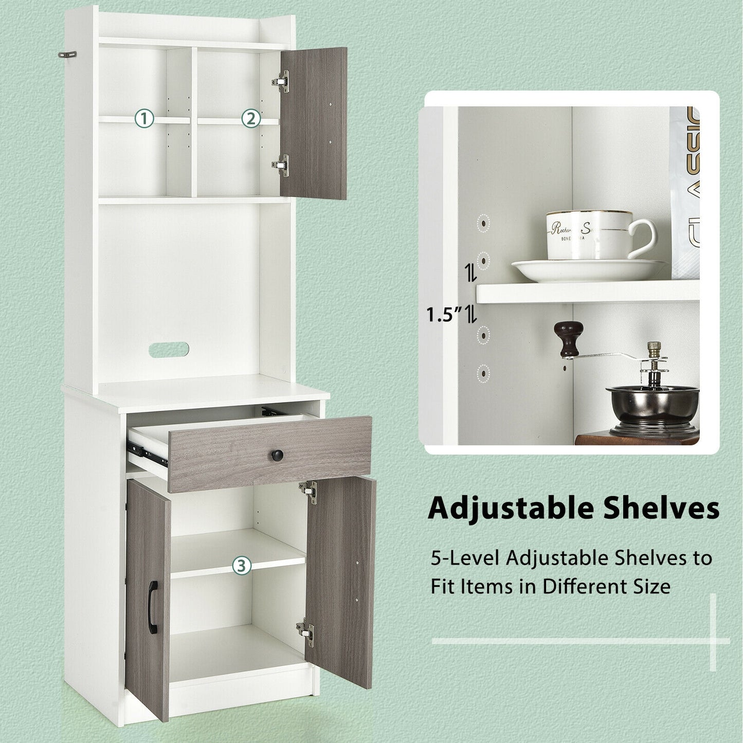Tall Kitchen Pantry Cabinet with Hutch Adjustable Shelves and 3 Doors White 71 Inch Storage Buffet