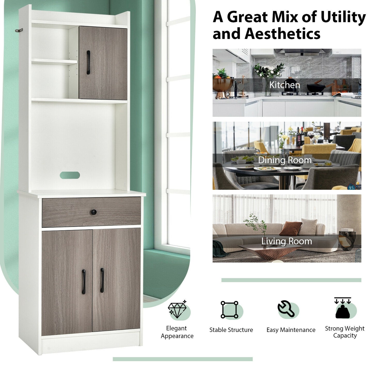 Tall Kitchen Pantry Cabinet with Hutch Adjustable Shelves and 3 Doors White 71 Inch Storage Buffet