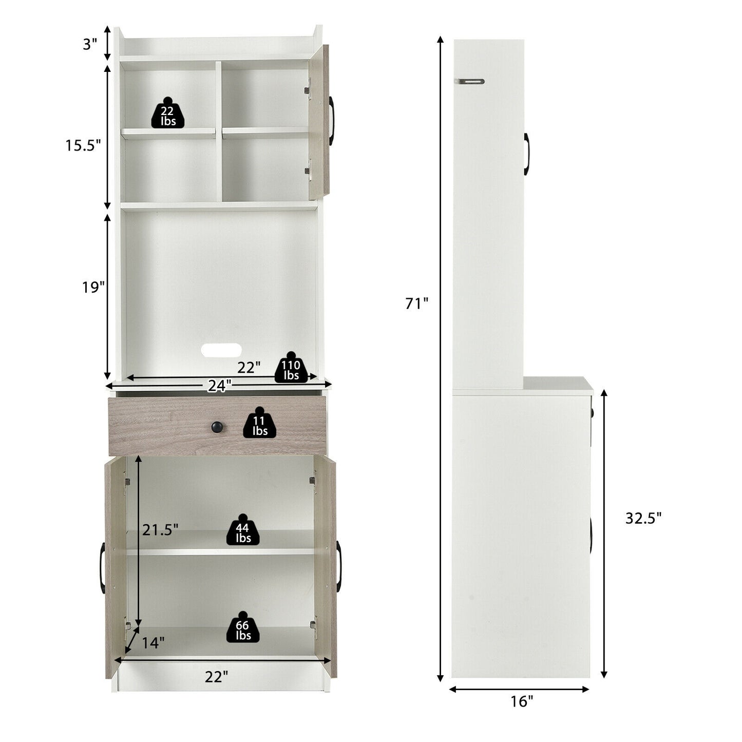 Tall Kitchen Pantry Cabinet with Hutch Adjustable Shelves and 3 Doors White 71 Inch Storage Buffet