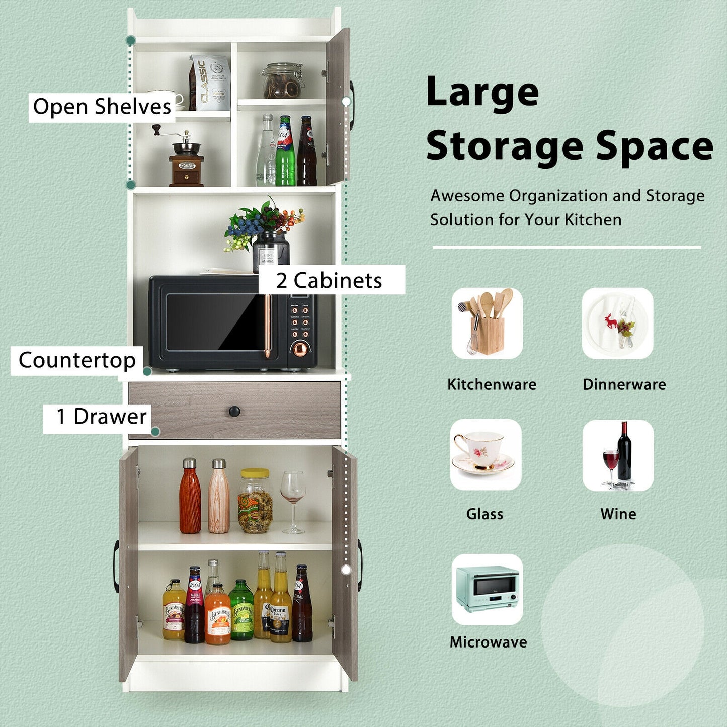 Tall Kitchen Pantry Cabinet with Hutch Adjustable Shelves and 3 Doors White 71 Inch Storage Buffet
