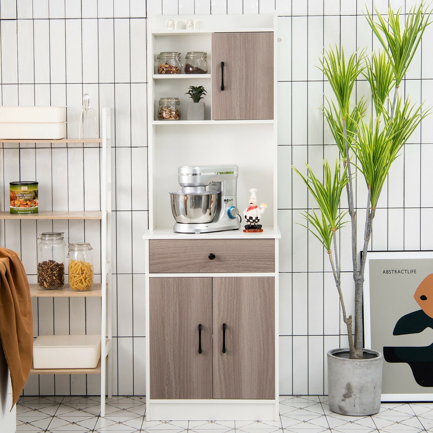 Tall Kitchen Pantry Cabinet with Hutch Adjustable Shelves and 3 Doors White 71 Inch Storage Buffet