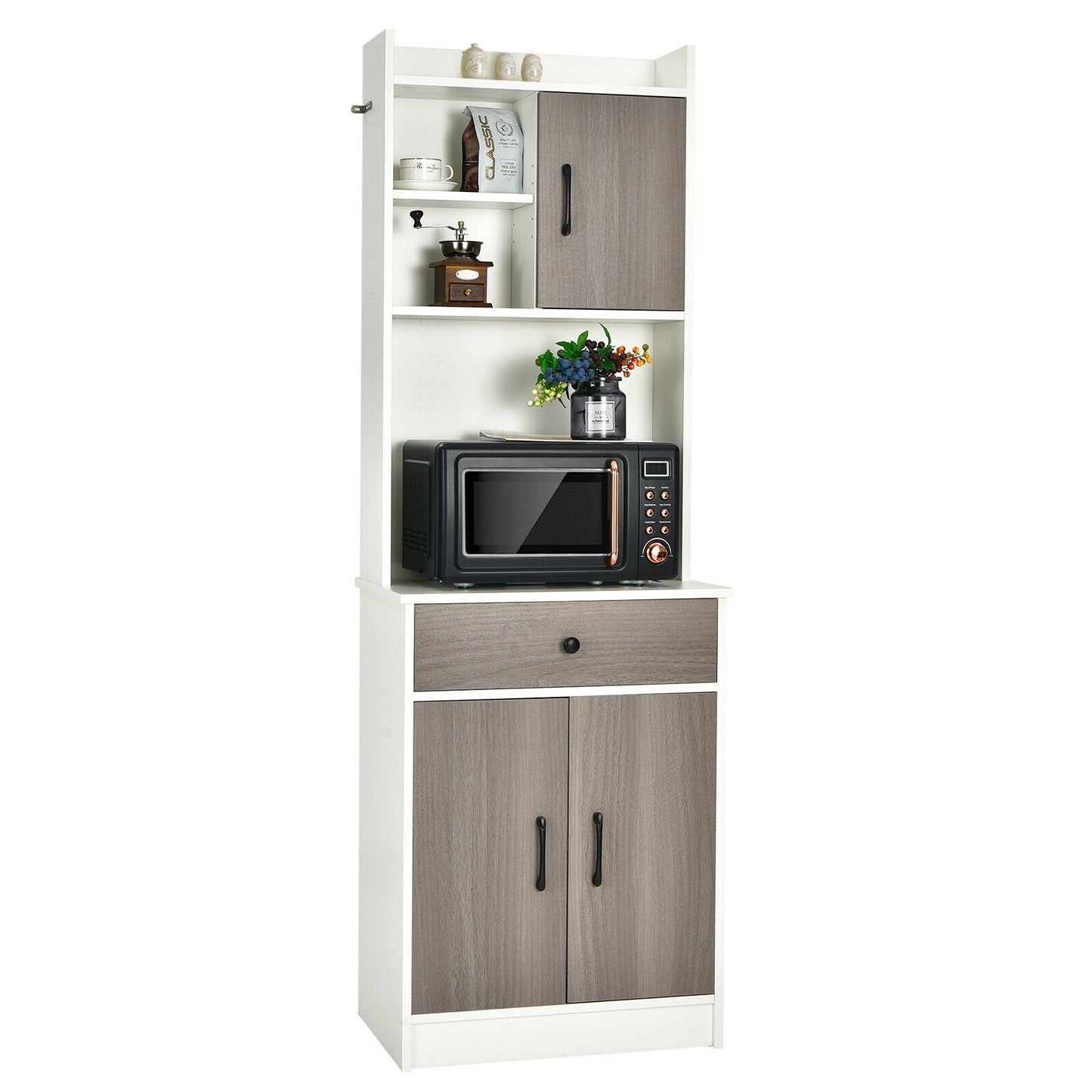 Tall Kitchen Pantry Cabinet with Hutch Adjustable Shelves and 3 Doors White 71 Inch Storage Buffet