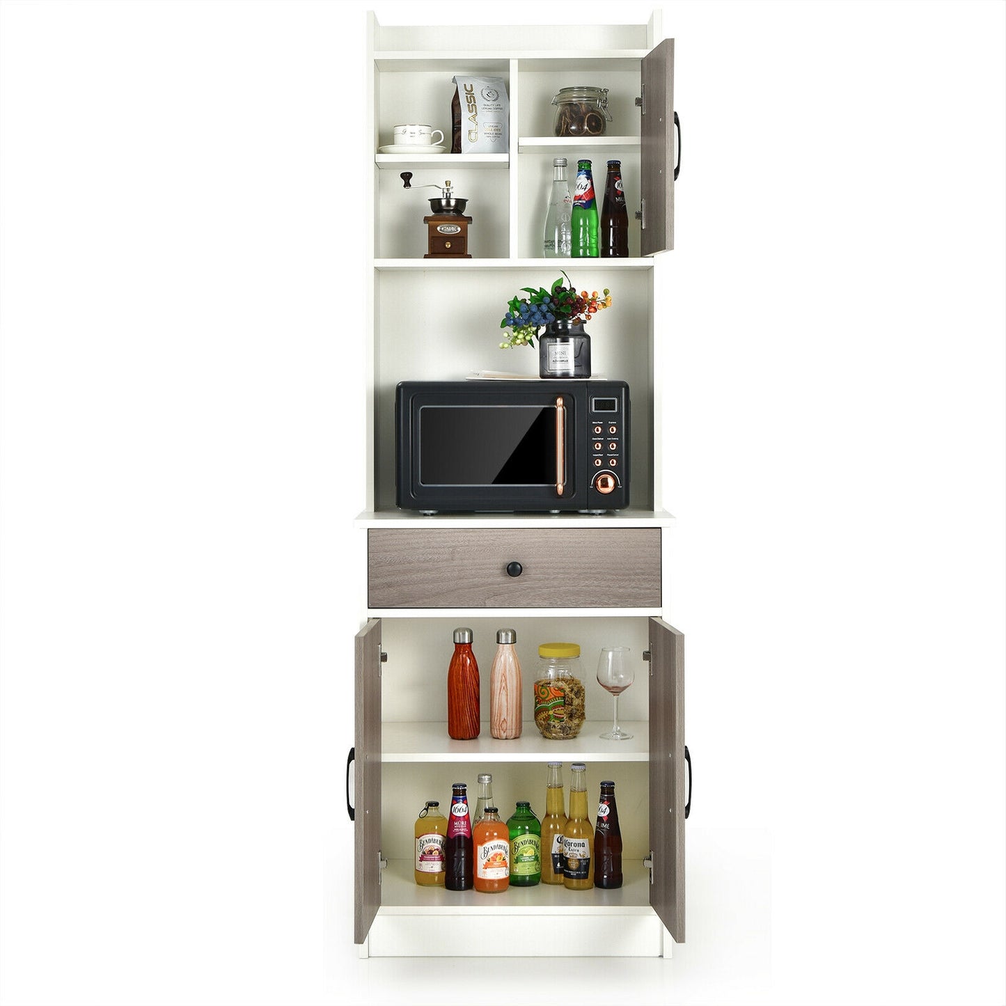 Tall Kitchen Pantry Cabinet with Hutch Adjustable Shelves and 3 Doors White 71 Inch Storage Buffet
