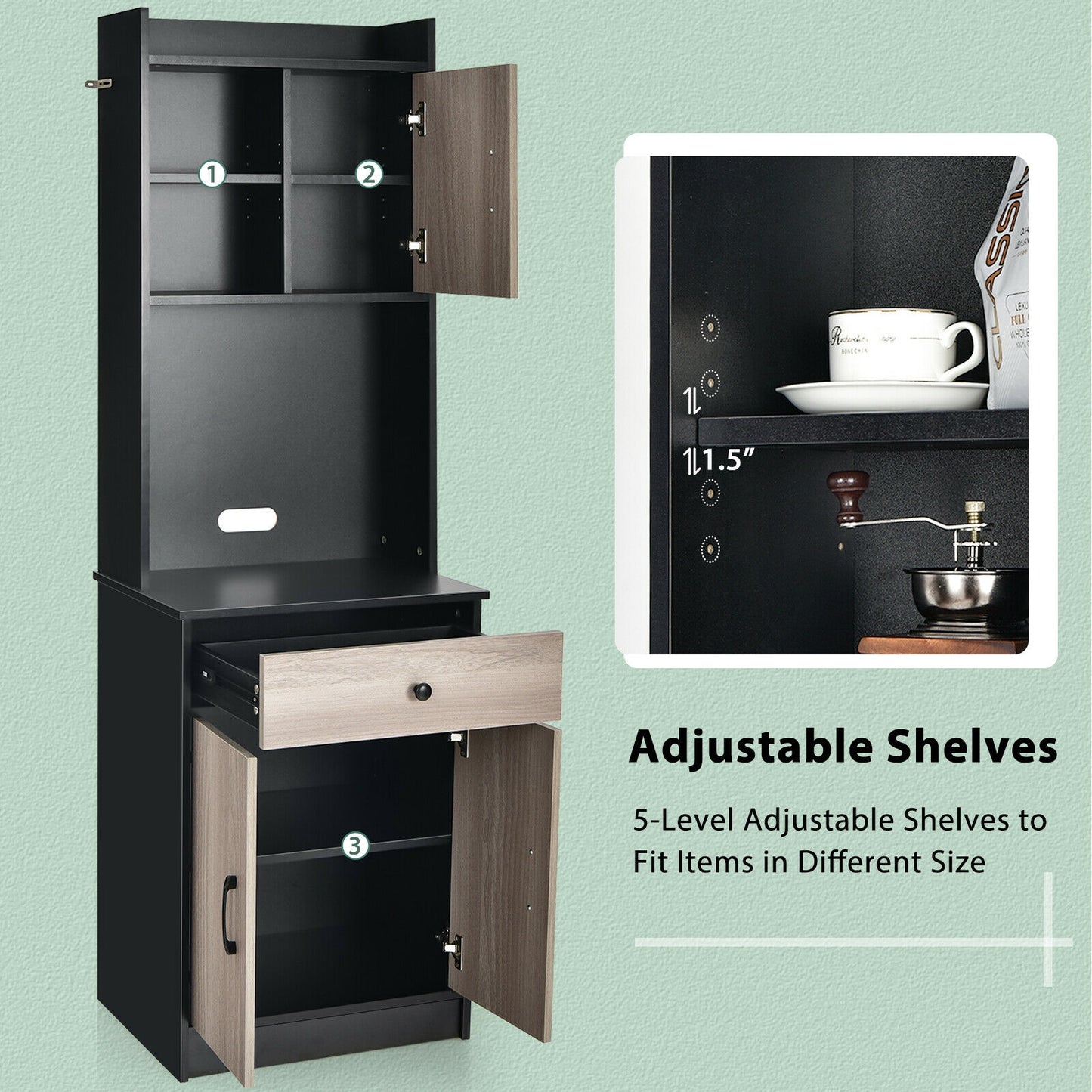 Tall Kitchen Pantry Cabinet with Hutch Adjustable Shelves and 3 Doors Black 71 Inch Storage Buffet