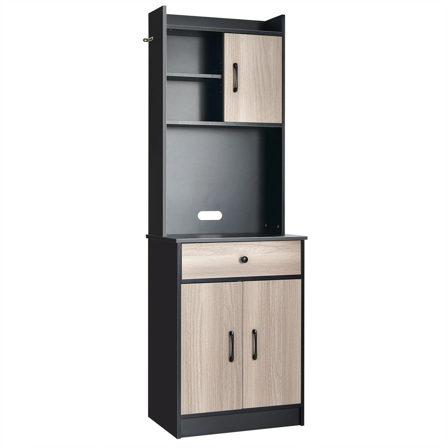 Tall Kitchen Pantry Cabinet with Hutch Adjustable Shelves and 3 Doors Black 71 Inch Storage Buffet