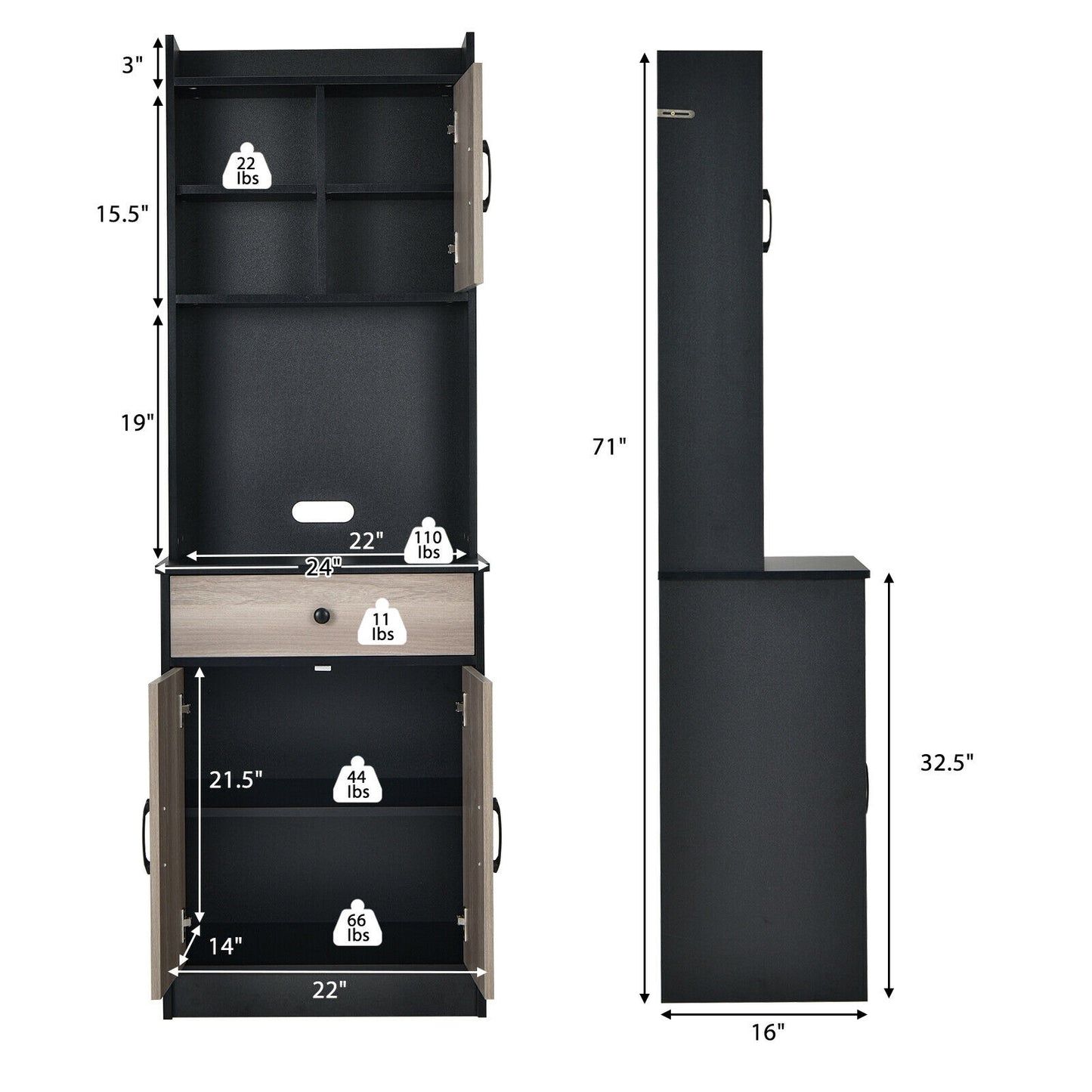 Tall Kitchen Pantry Cabinet with Hutch Adjustable Shelves and 3 Doors Black 71 Inch Storage Buffet