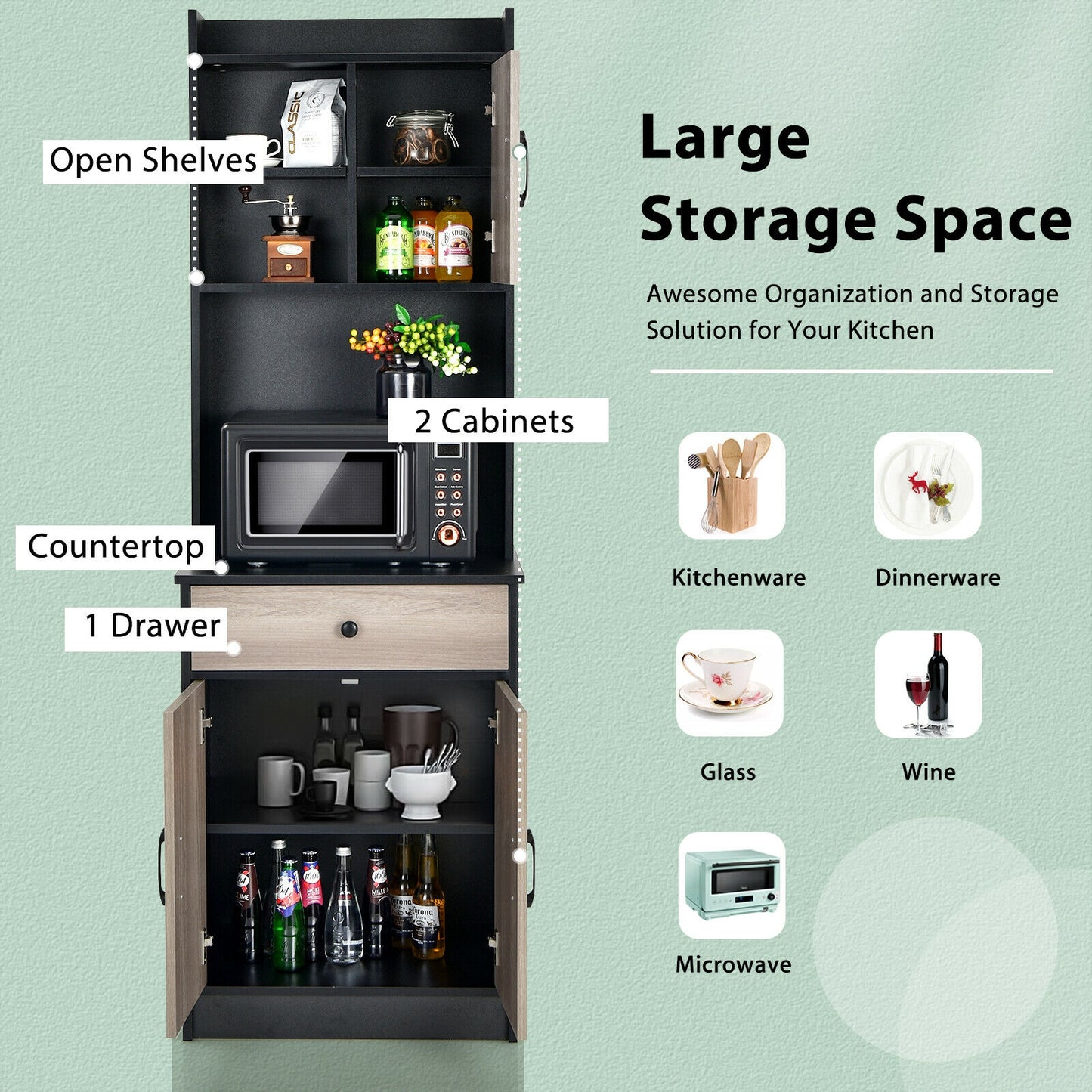 Tall Kitchen Pantry Cabinet with Hutch Adjustable Shelves and 3 Doors Black 71 Inch Storage Buffet