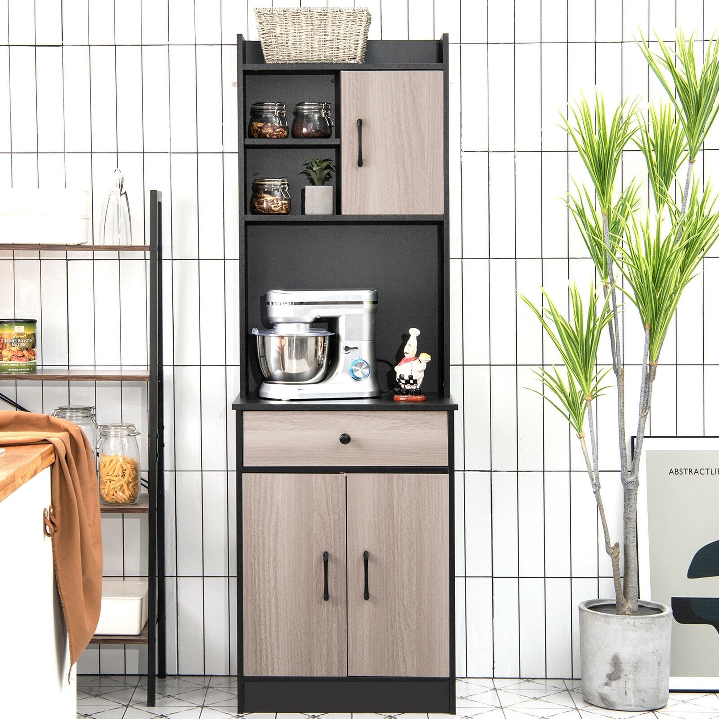 Tall Kitchen Pantry Cabinet with Hutch Adjustable Shelves and 3 Doors Black 71 Inch Storage Buffet