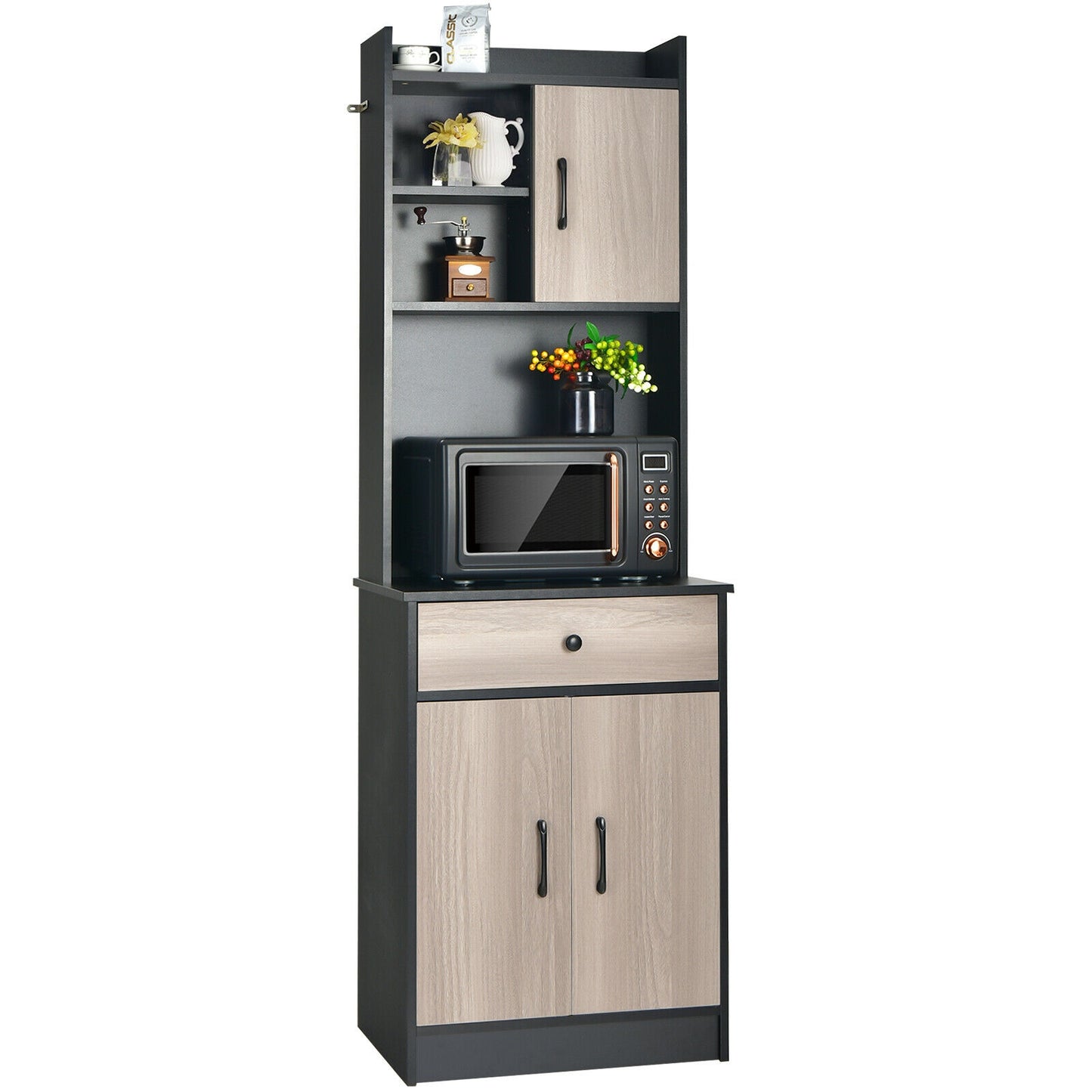 Tall Kitchen Pantry Cabinet with Hutch Adjustable Shelves and 3 Doors Black 71 Inch Storage Buffet