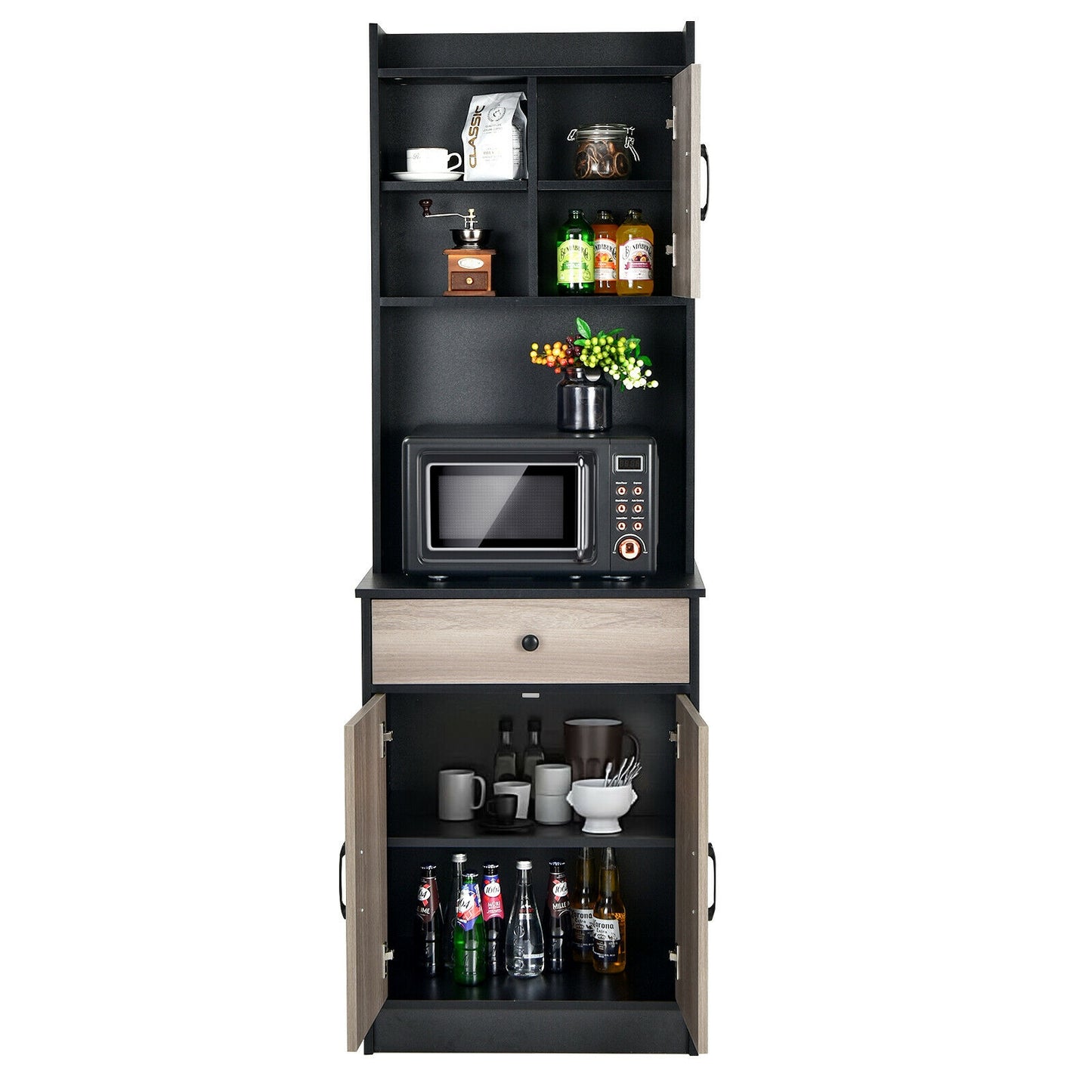 Tall Kitchen Pantry Cabinet with Hutch Adjustable Shelves and 3 Doors Black 71 Inch Storage Buffet
