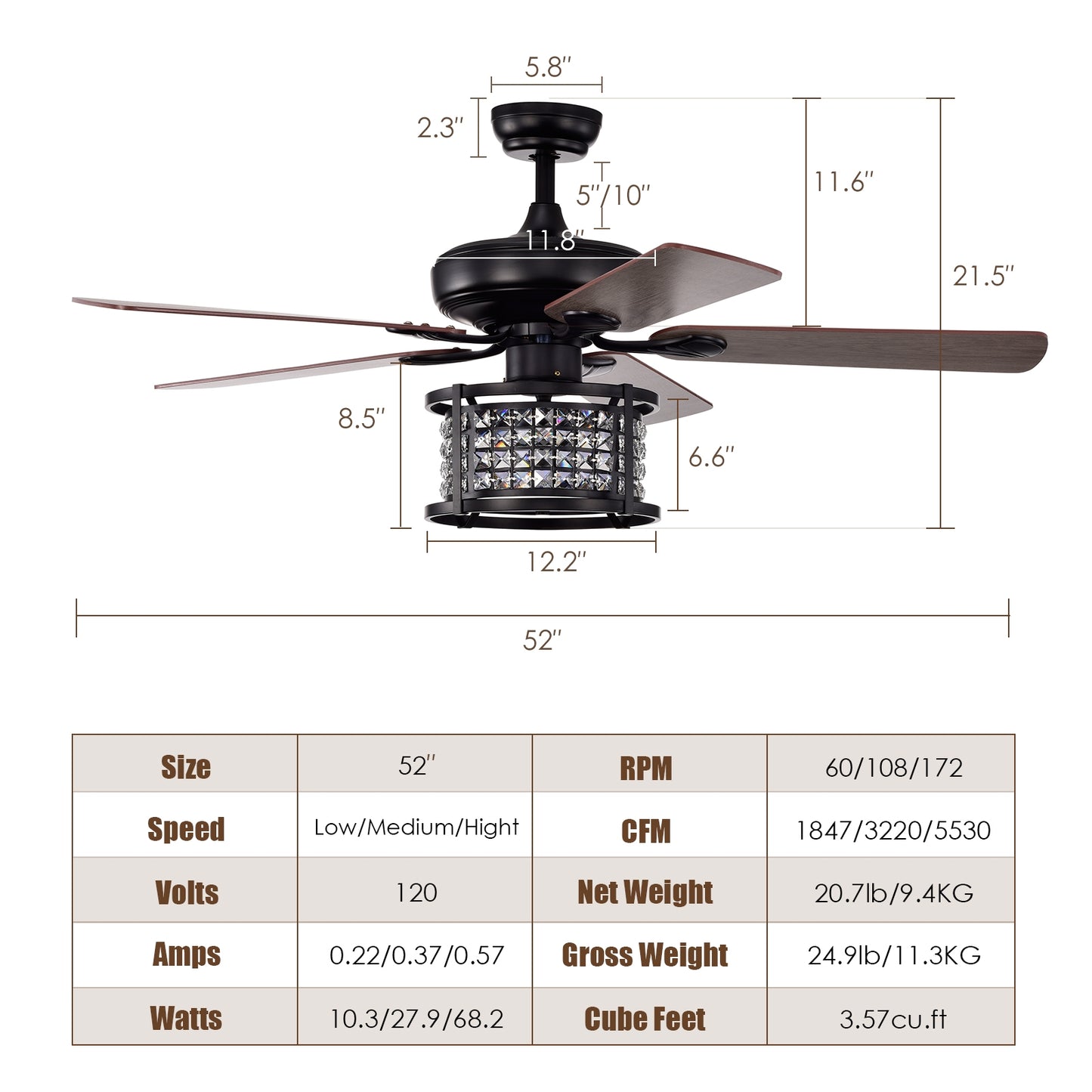 52 Inch Crystal Chandelier Ceiling Fan with 3 Speed Remote Control & Reversible Blades