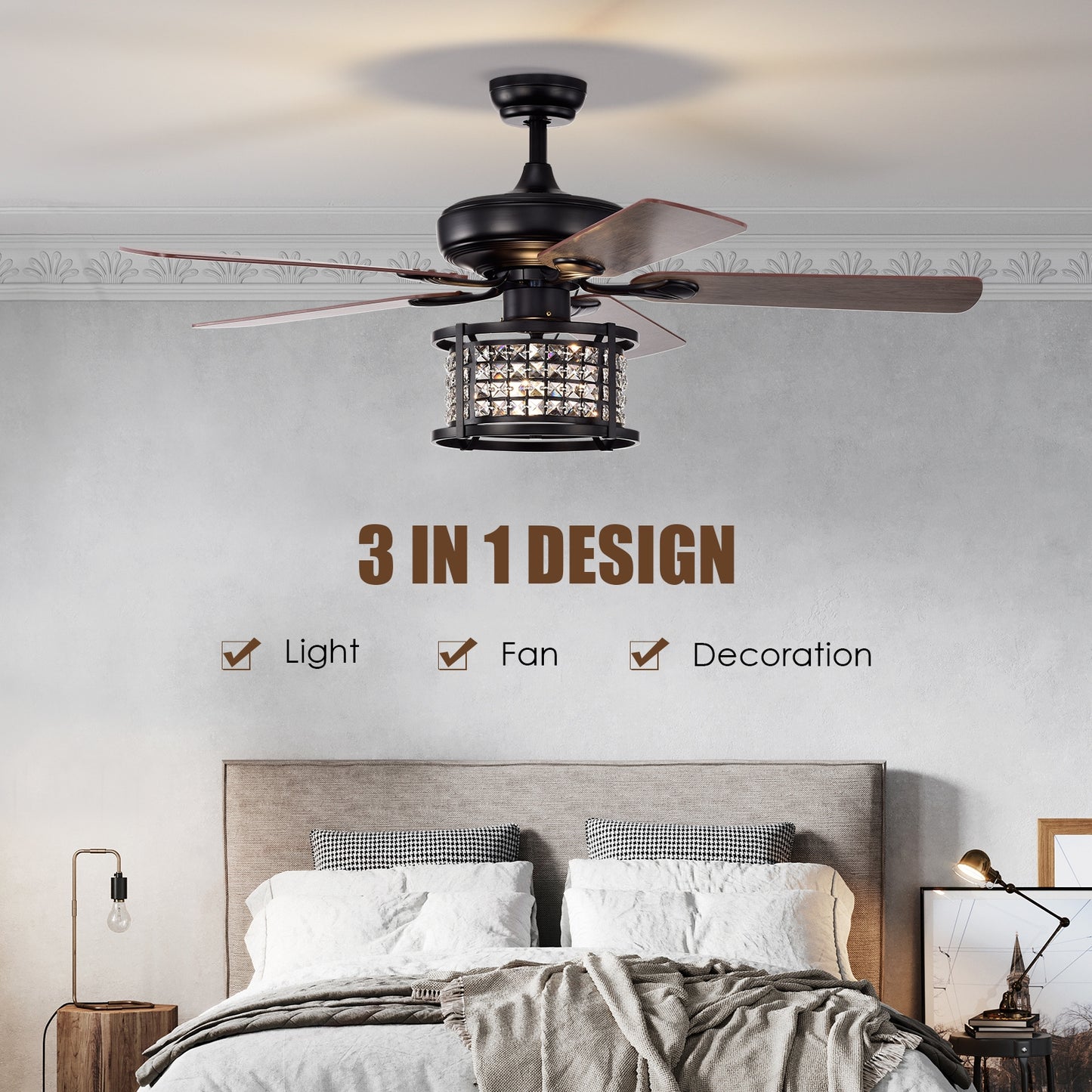 52 Inch Crystal Chandelier Ceiling Fan with 3 Speed Remote Control & Reversible Blades
