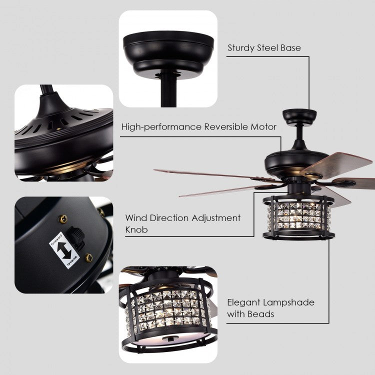 52 Inch Crystal Chandelier Ceiling Fan with 3 Speed Remote Control & Reversible Blades