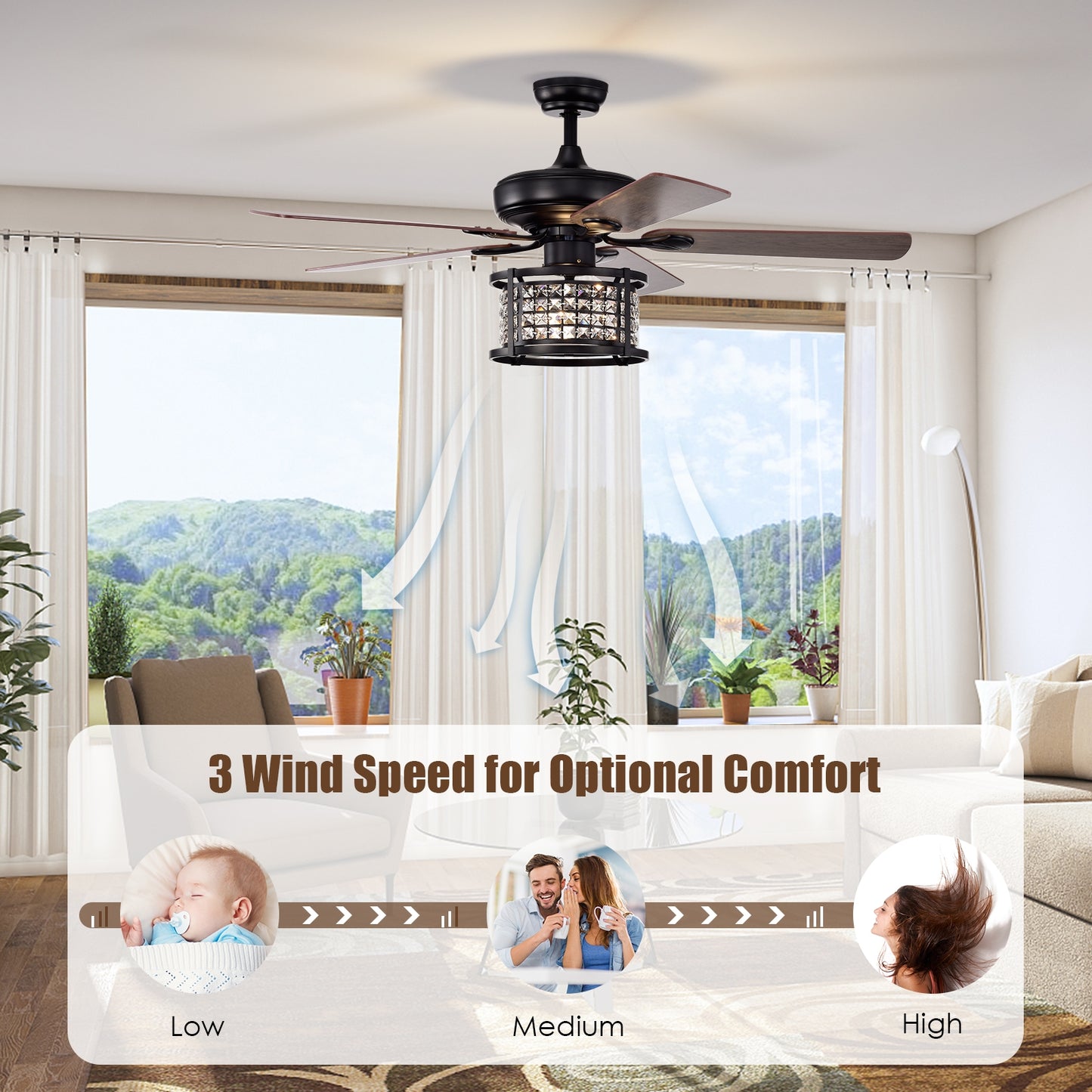 52 Inch Crystal Chandelier Ceiling Fan with 3 Speed Remote Control & Reversible Blades
