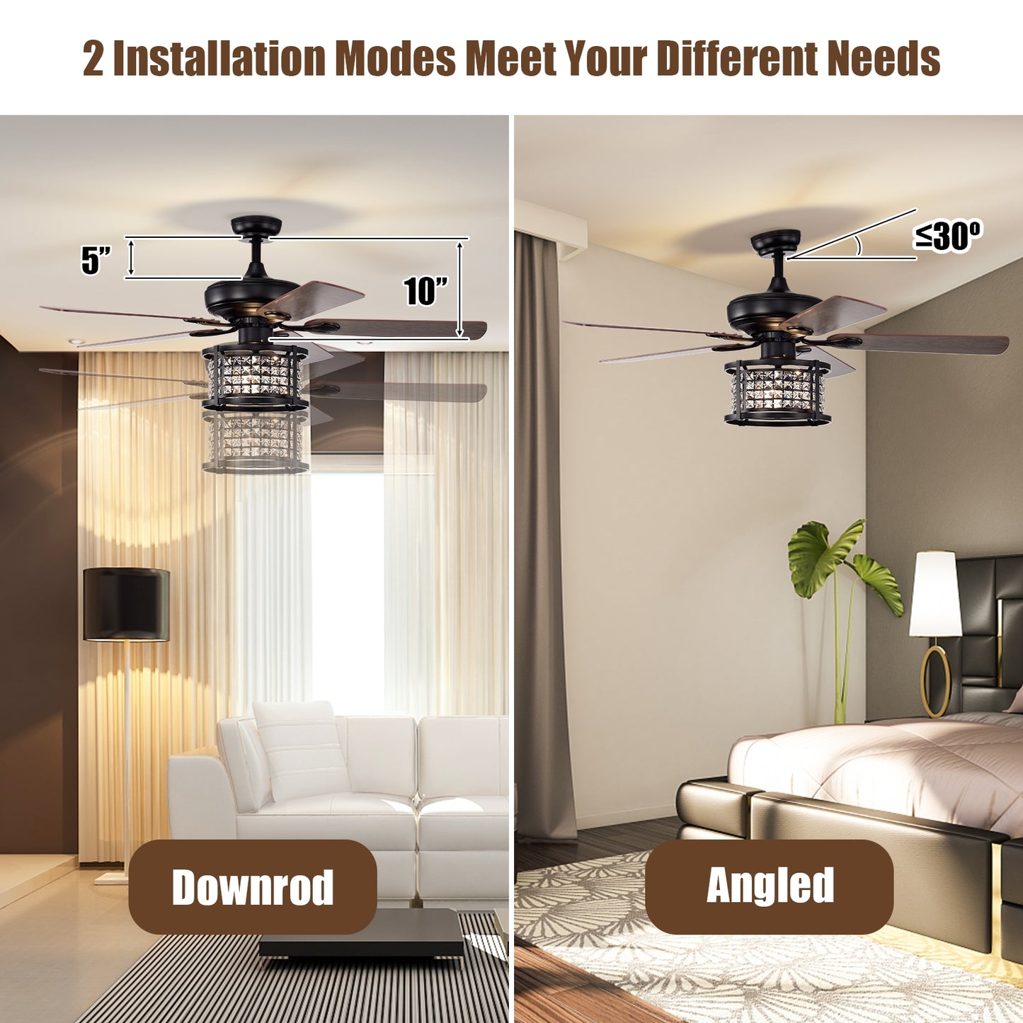 52 Inch Crystal Chandelier Ceiling Fan with 3 Speed Remote Control & Reversible Blades
