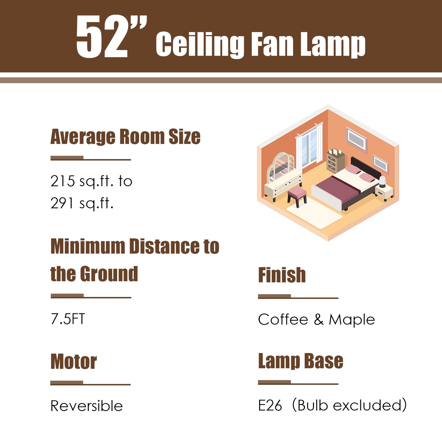 52 Inch Crystal Chandelier Ceiling Fan with 3 Speed Remote Control & Reversible Blades