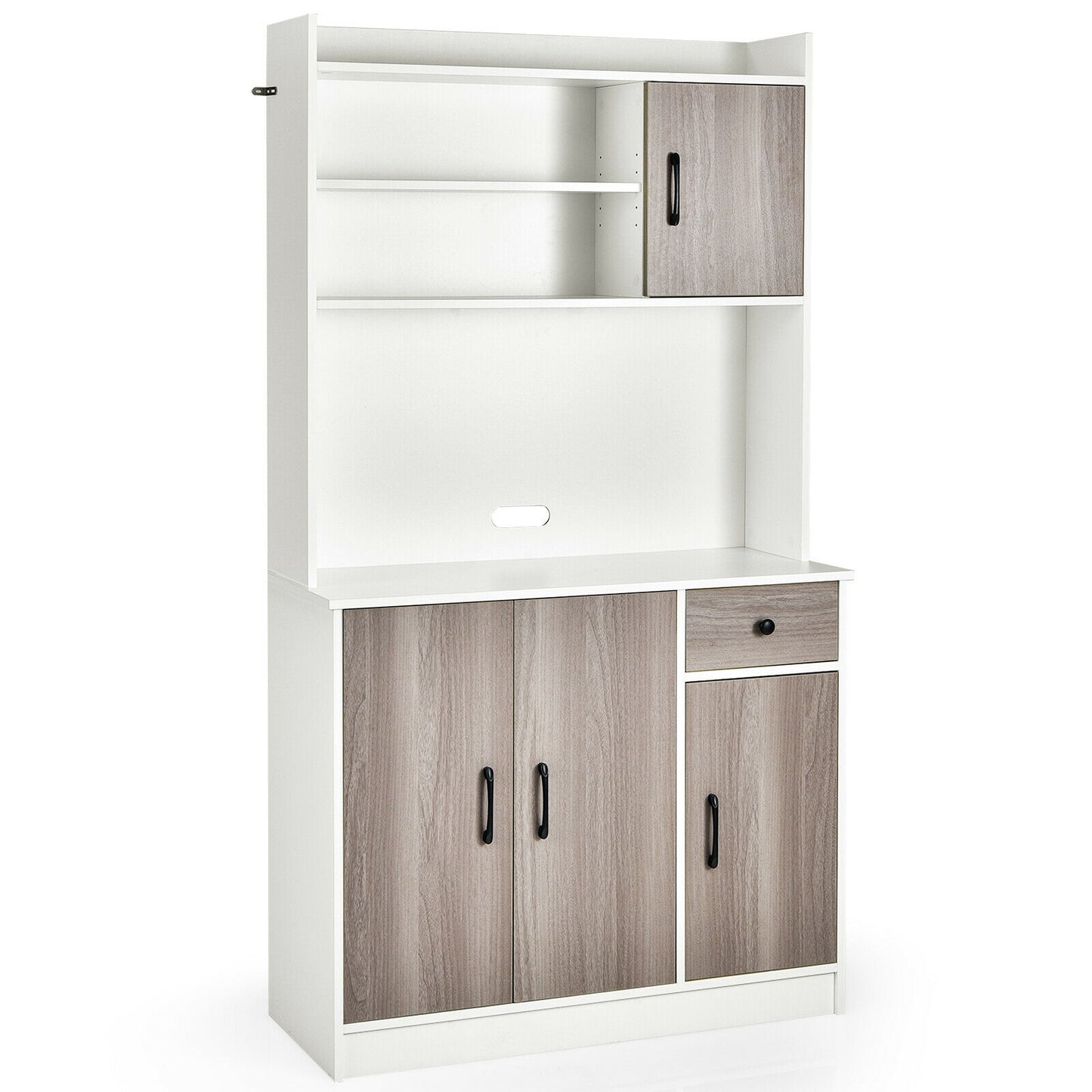 Freestanding Kitchen Pantry Cabinet with Hutch, 4 Doors and Adjustable Shelves - White
