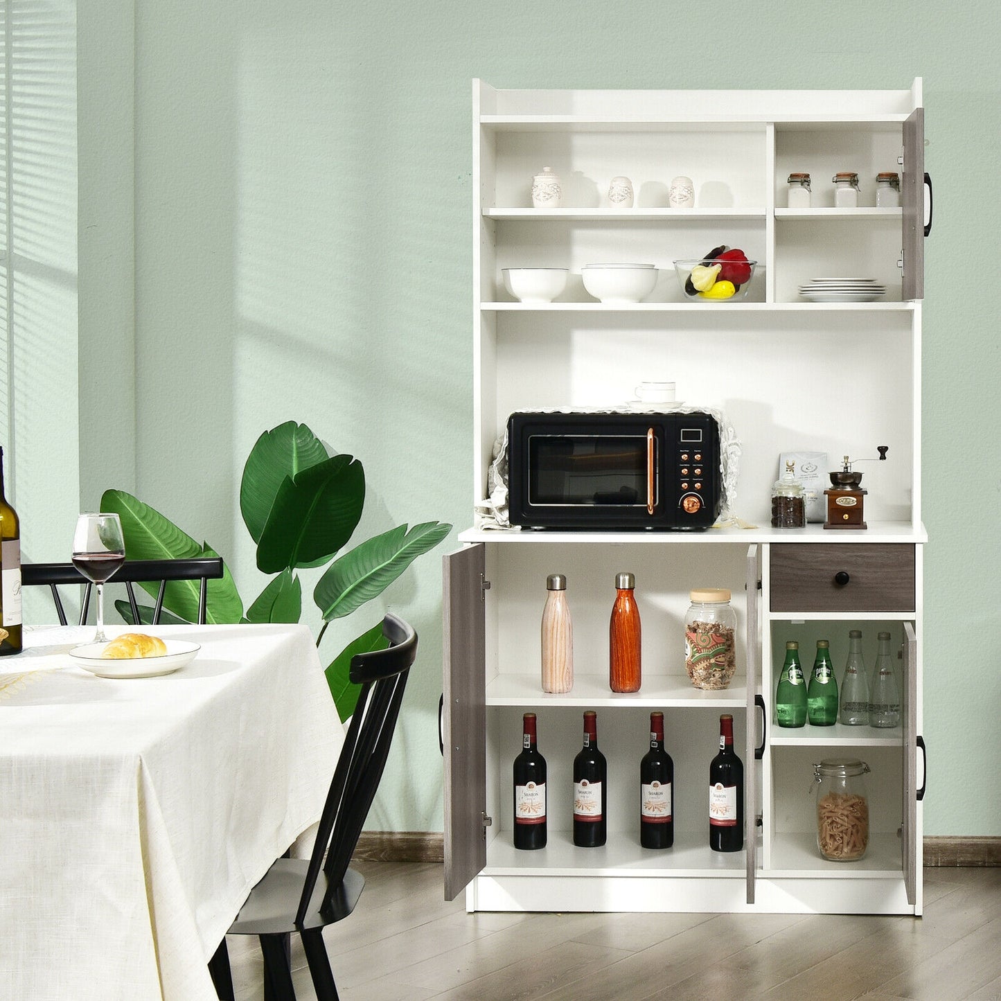 Freestanding Kitchen Pantry Cabinet with Hutch, 4 Doors and Adjustable Shelves - White