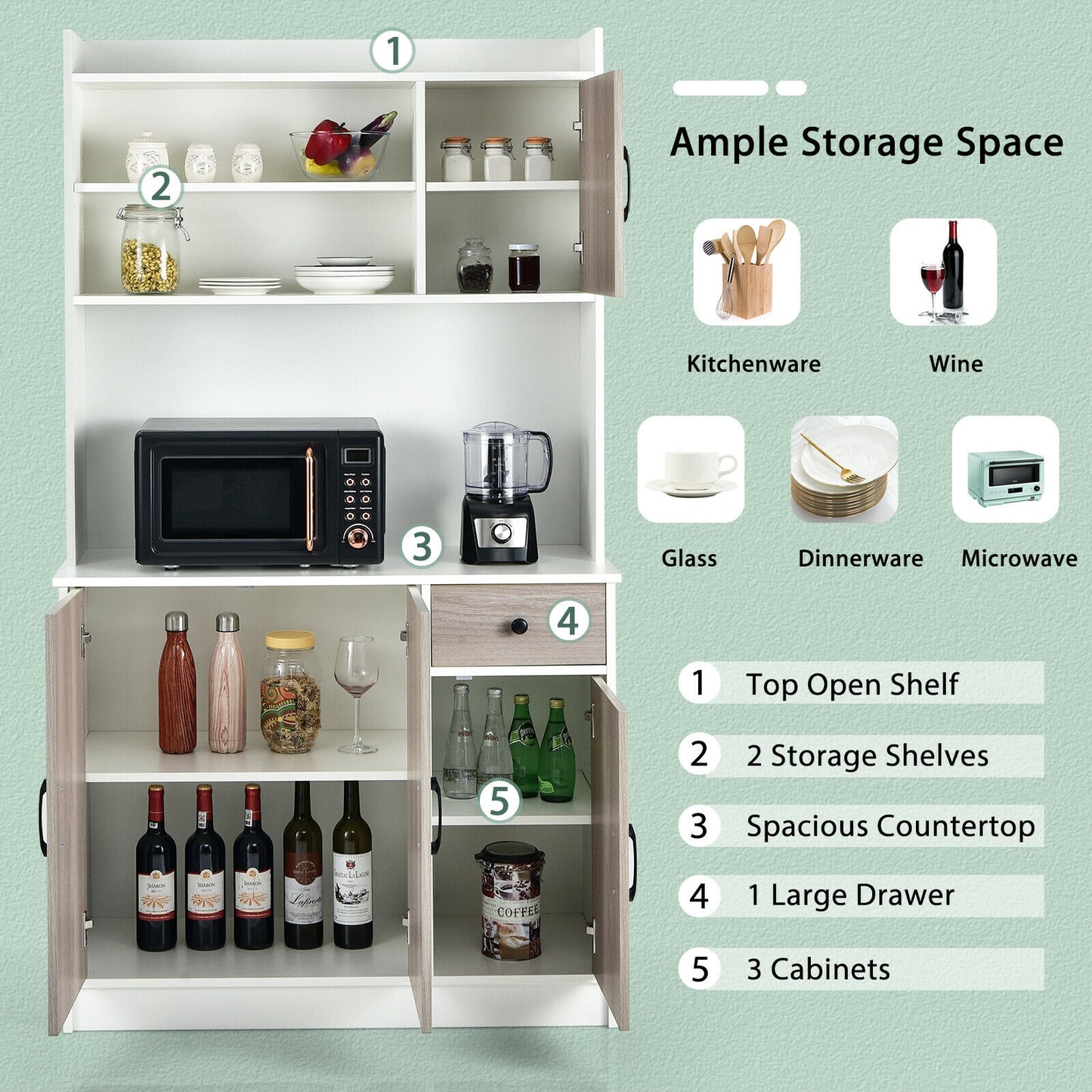 Freestanding Kitchen Pantry Cabinet with Hutch, 4 Doors and Adjustable Shelves - White