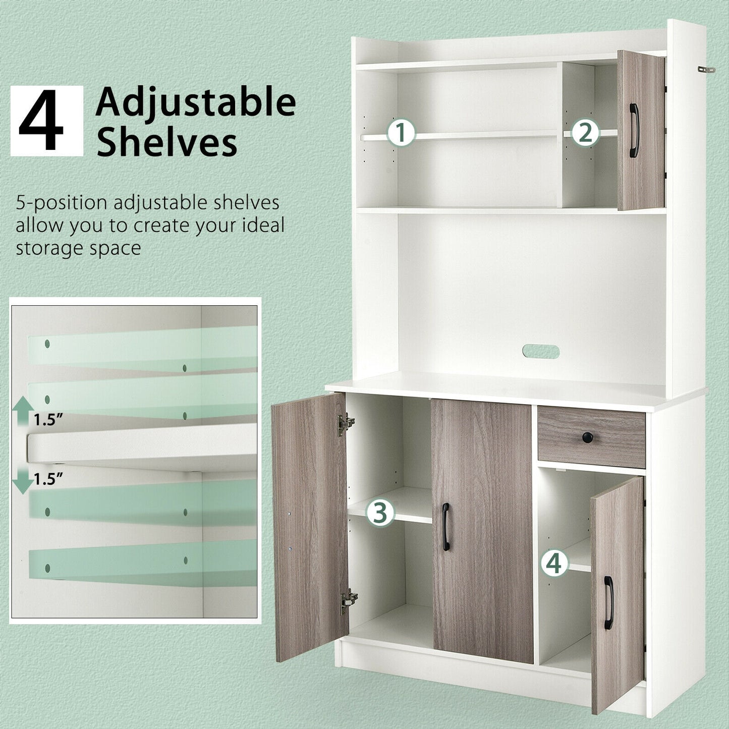 Freestanding Kitchen Pantry Cabinet with Hutch, 4 Doors and Adjustable Shelves - White