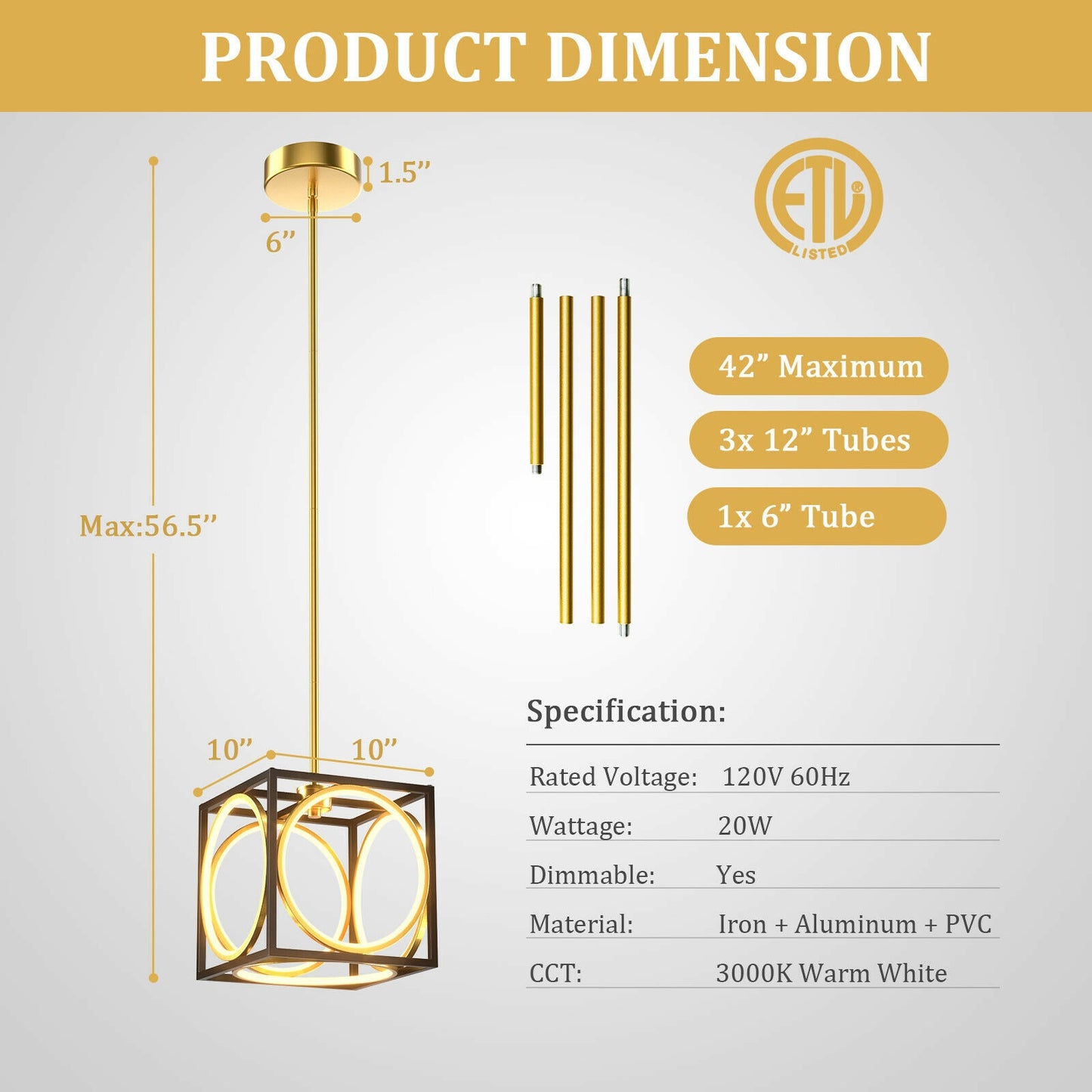 Stylish Modern LED Pendant Light with 42 Inch Adjustable Hanging Length - Golden