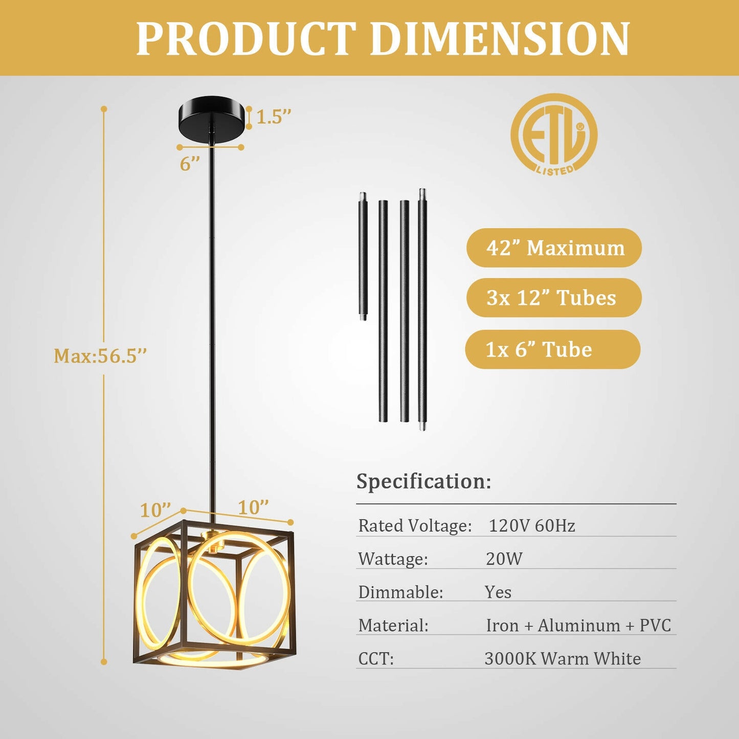 Stylish Modern LED Pendant Light with 42 Inch Adjustable Hanging Length - Black