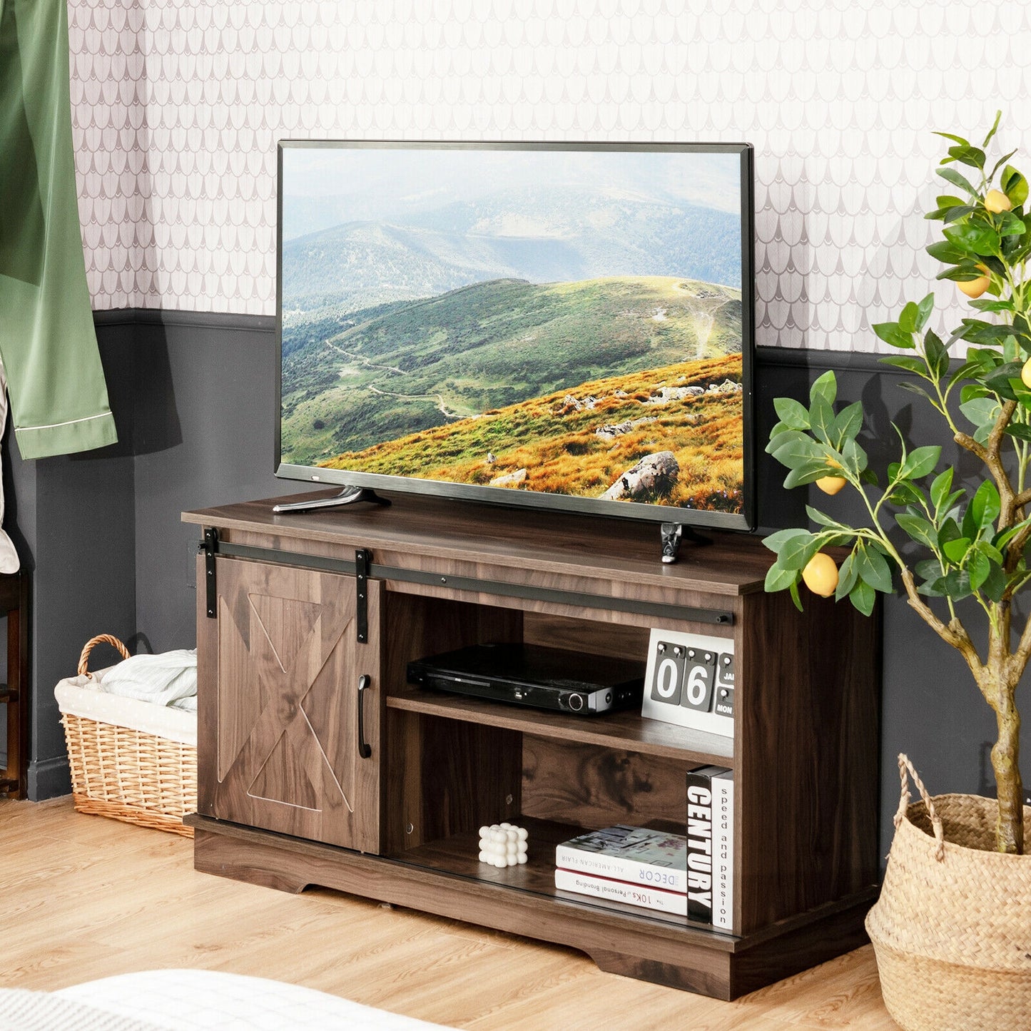 Farmhouse Sliding Barn Door TV Stand with Adjustable Shelf and Cable Management for TVs up to 50 Inch