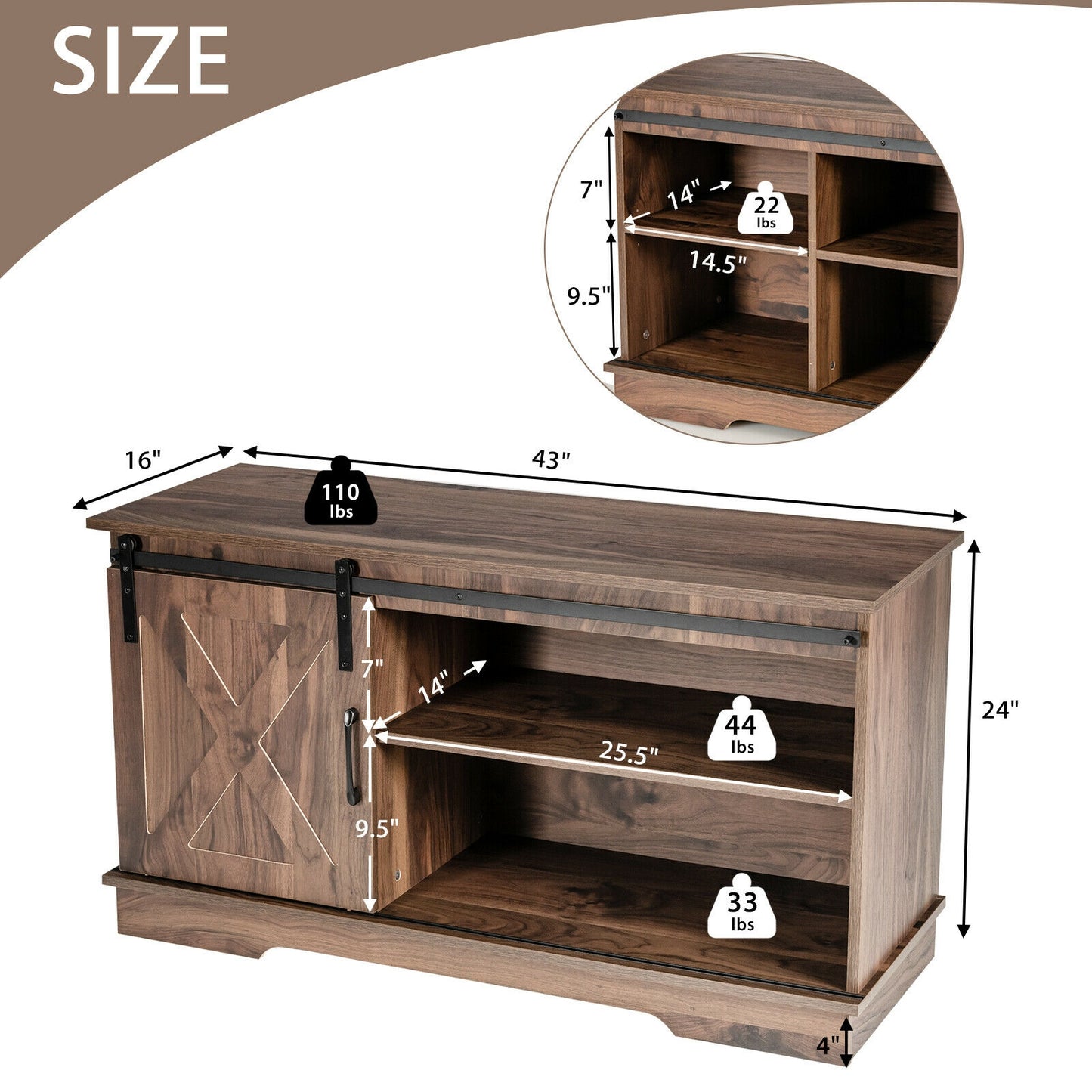 Farmhouse Sliding Barn Door TV Stand with Adjustable Shelf and Cable Management for TVs up to 50 Inch
